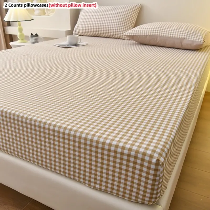 3pcs Plaid Fitted Sheet Set, Includes 1 Fitted sheet and 2 Pillowcases, No Pillow Inserts, Mattress Protector, Elastic Band for Easy Fixing