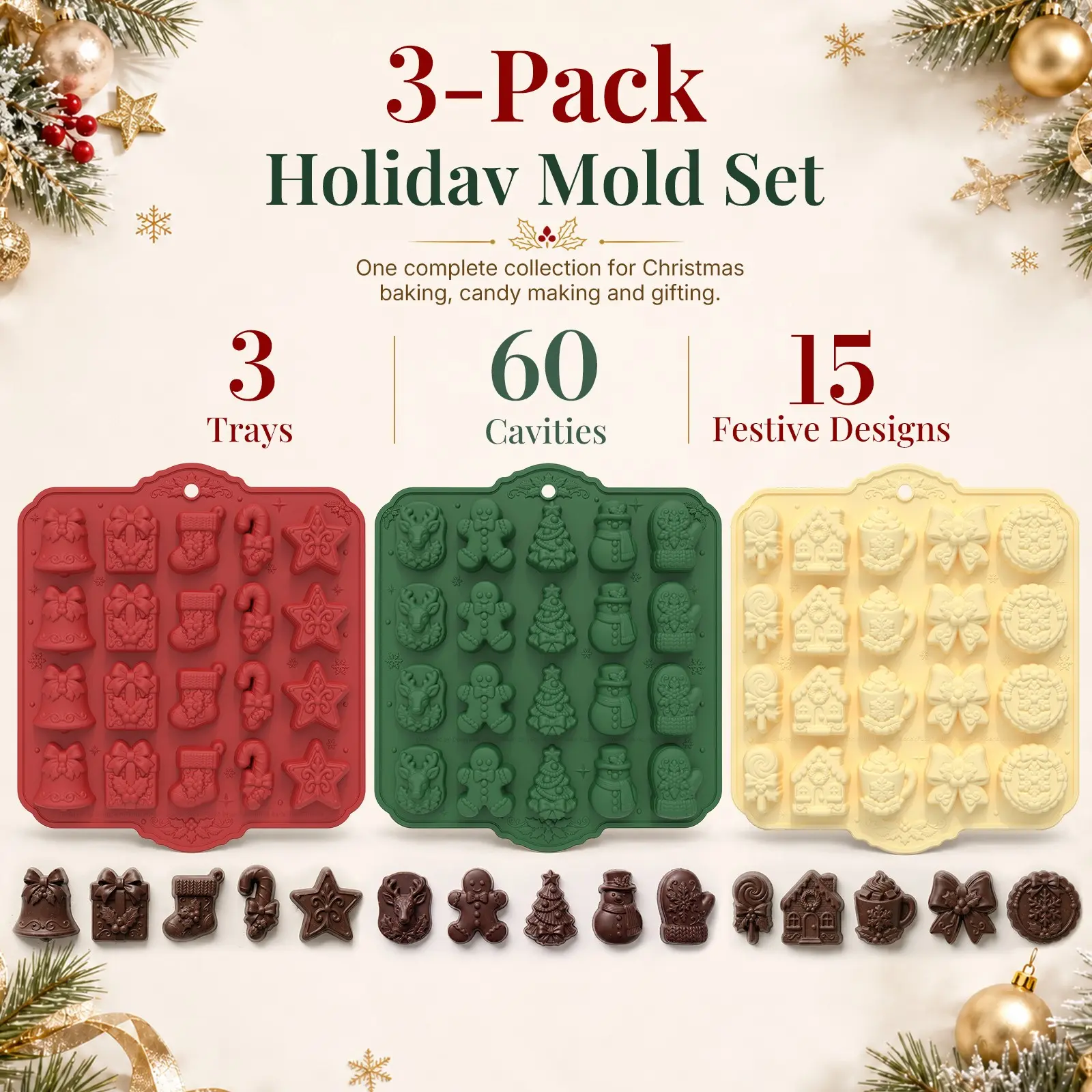 3pcs/set Christmas Mini Cake/ice Cube Molds, Shaped Silicone Freezer Molds, Bell Gingerbread Man Lollipop Creative Shapes, Silicone Candy Jelly Chocolate Baking Mold, DIY Resin Mold