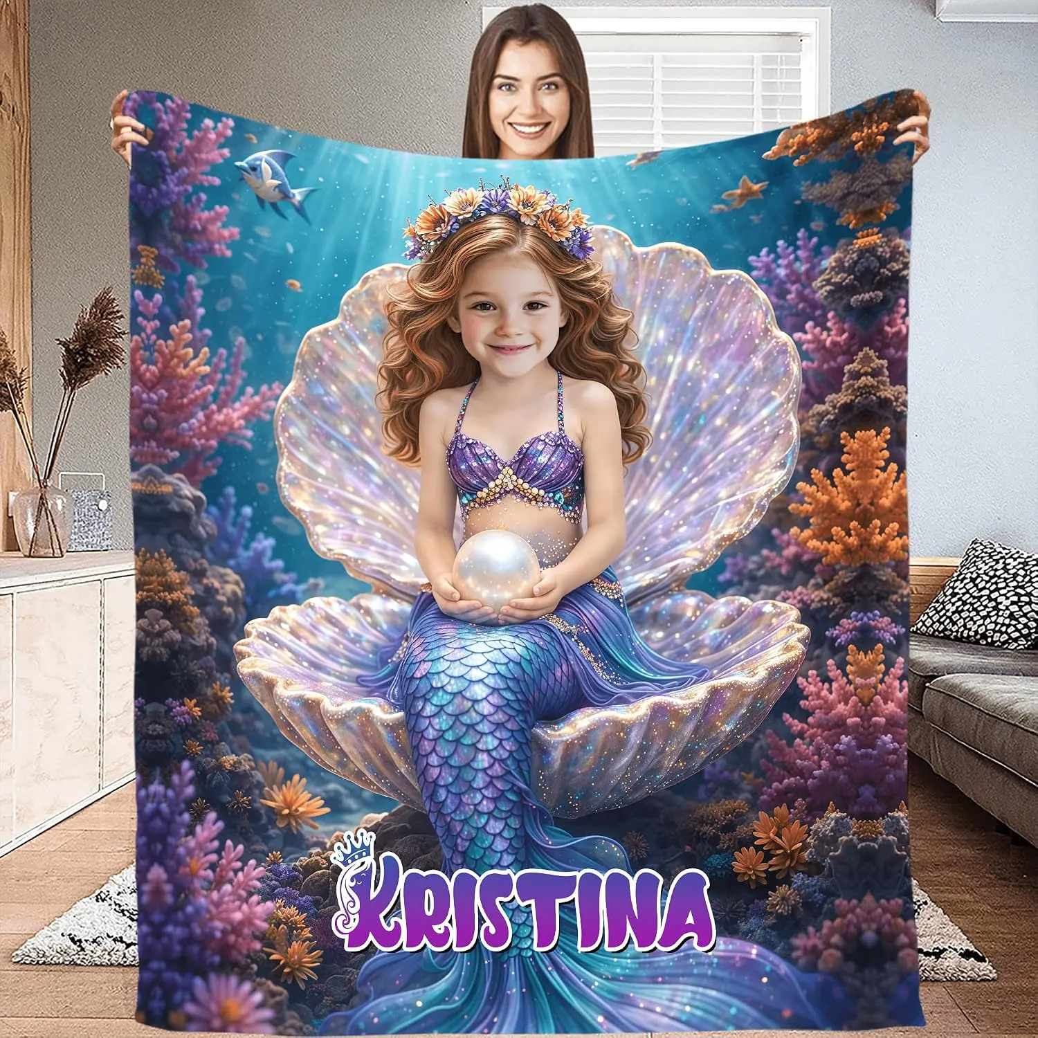Super Soft Personalized Princess Theme Polyester Blanket for Girls - Custom Photo Face Flannel-Look Throw, Kids' Room Home Bedding, Birthday Gift
