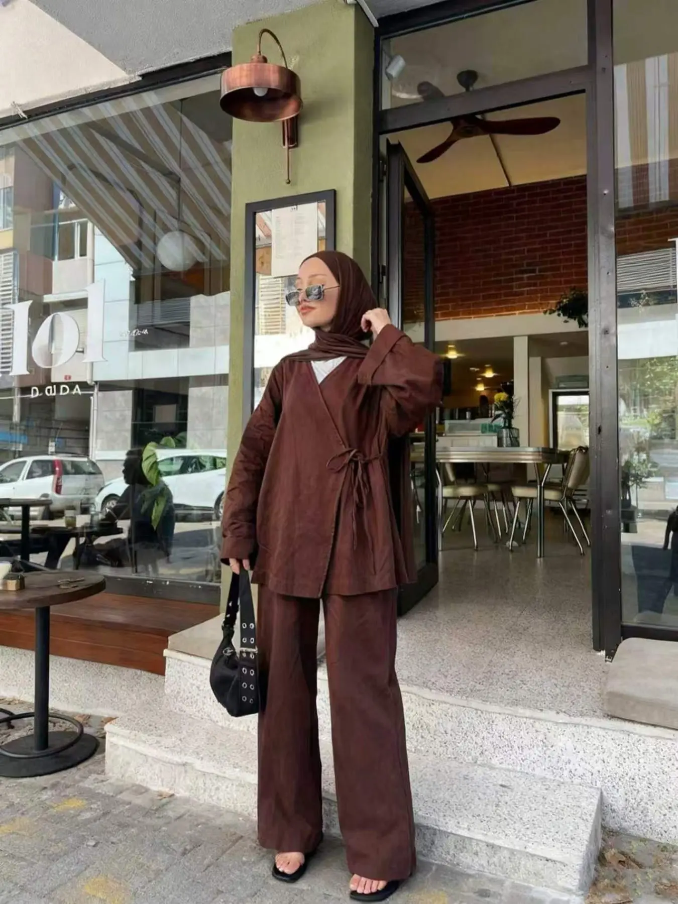 Deep Asymmetrical Tie-Back Long Sleeve Open Front Cardigan & Wide Leg Pants Set, Middle Eastern Muslim Conservative Women's Solid Color Two Piece Matching Outfit Set Women