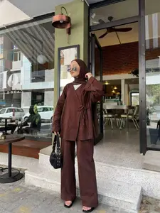 Deep Asymmetrical Tie-Back Long Sleeve Open Front Cardigan & Wide Leg Pants Set, Middle Eastern Muslim Conservative Women's Solid Color Two Piece Set Women