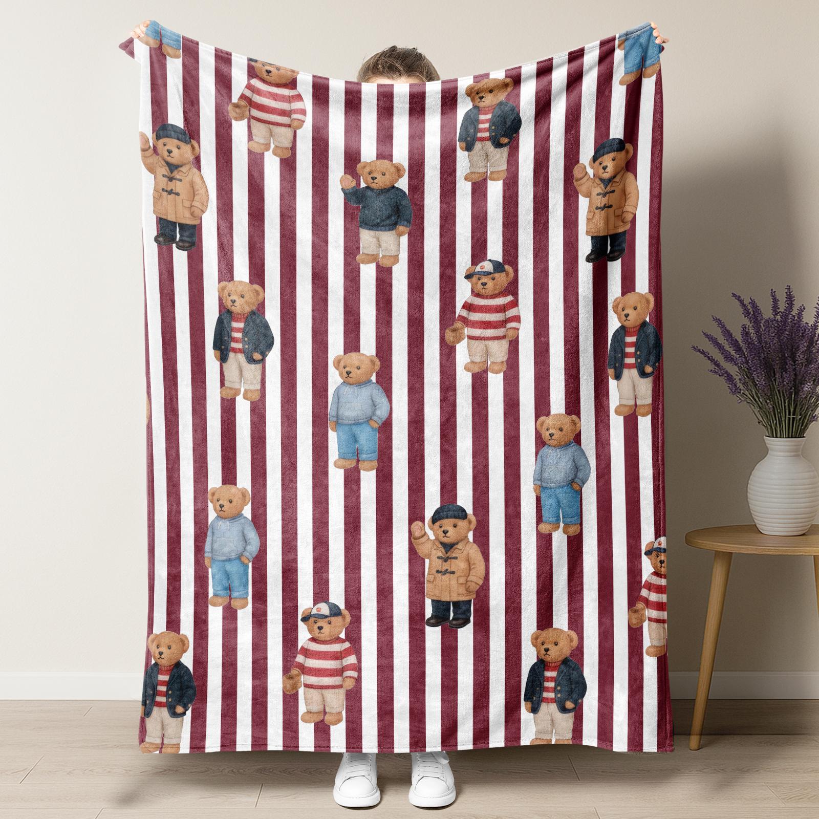 Cute Bear Aesthetic Pattern Blanket,Coquette Striped Bear Blanket,Old Money Style Decor Plush Throw Blanket,Soft Cozy Vintage Napping Blanket for Home Office Travel Camping