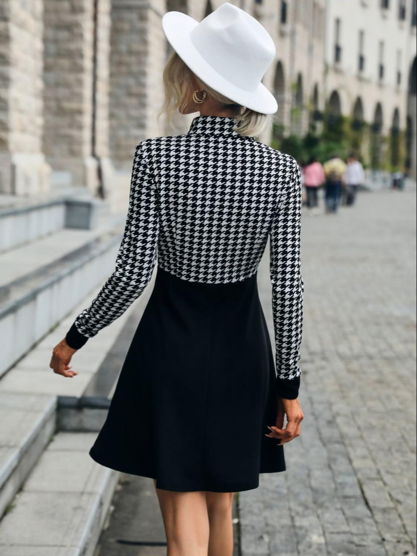 Women's Houndstooth Patchwork Print Pocket Zipper Design A Line Dress, Chic Elegant Stand Collar Long Sleeve Short Dress for Spring & Fall, Casual Everyday Wear, Ladies Clothes for Daily Wear