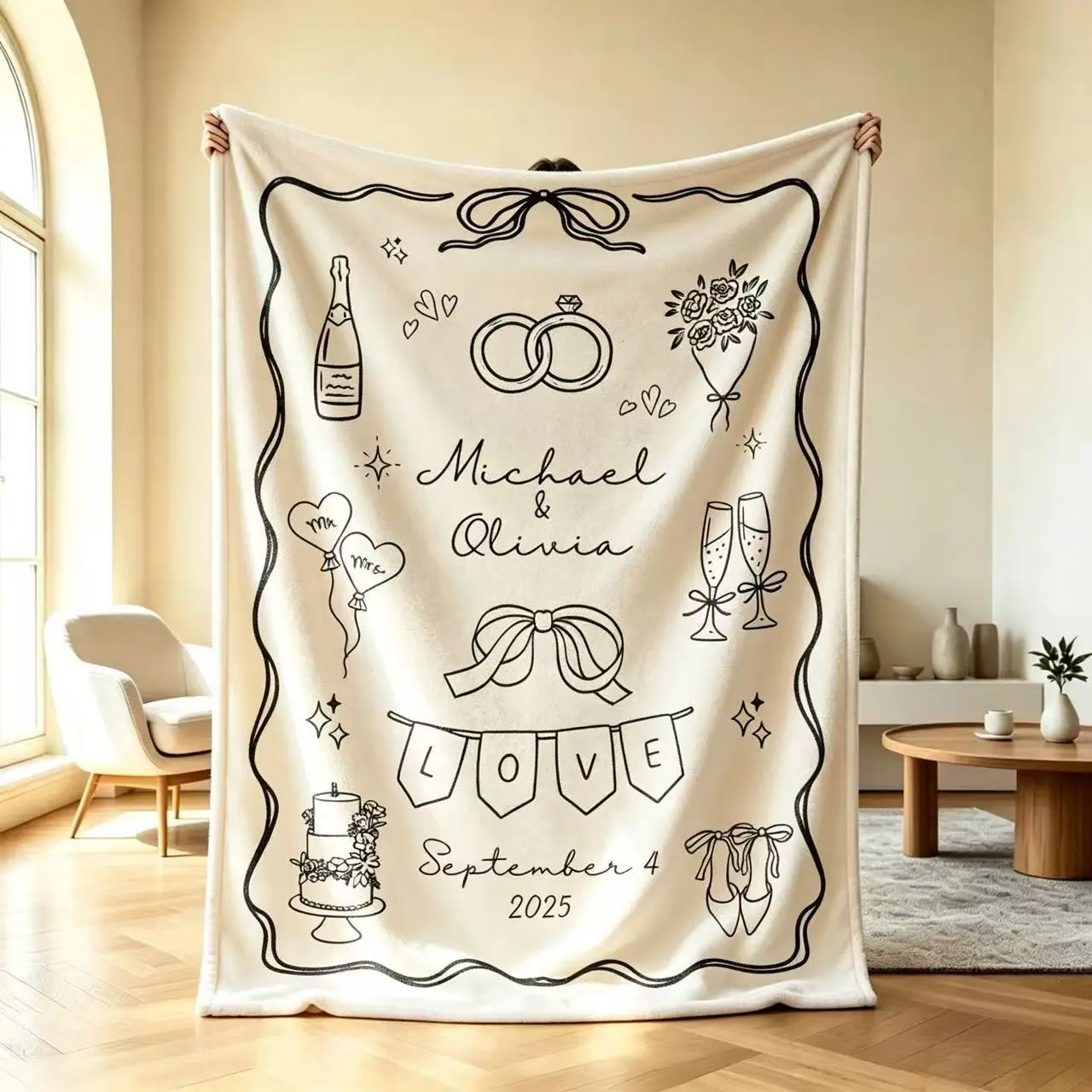 Custom Wedding Throw Blanket, Personalized Names & Date Wedding Line Art Blanket, Mr Mrs Couple Gift Blanket, Customized Engagement Anniversary Keepsake Blanket, Minimalist Wedding Decor Flannel Blanket For Newlyweds