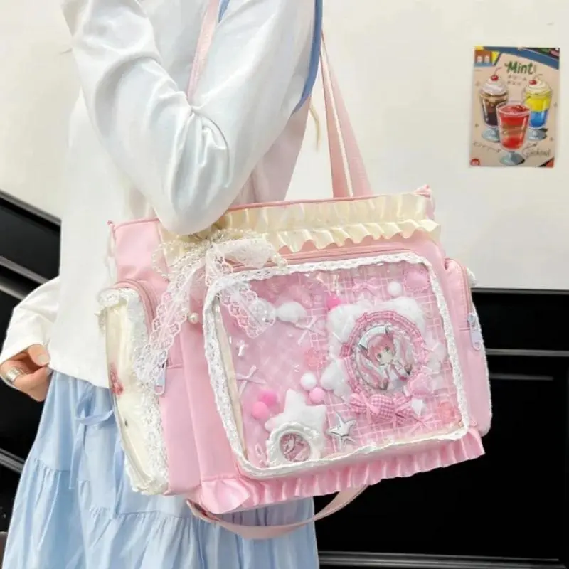 Y2k New Sweet Ita Shoulder Bag Lolita Girl Transparent Crossbody Bag Women Large Capacity Lace Tote Bag Cute DIY Display Handbag