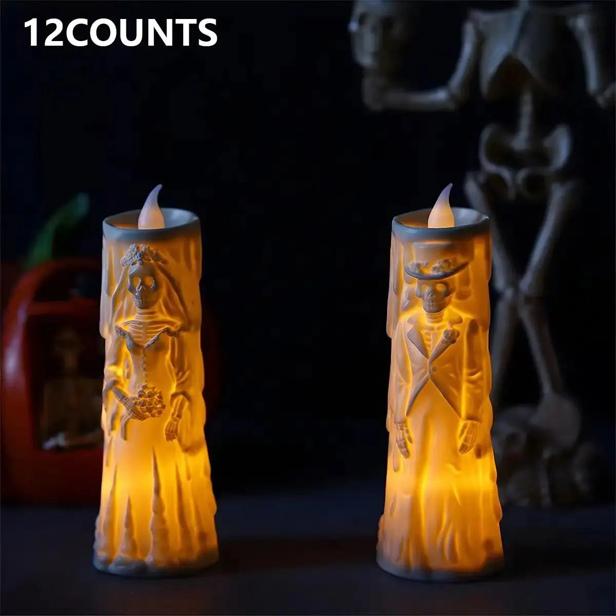 12 Halloween Skull Lamps LED Glowing Candles, Perfect for Halloween Decorations, Ghost Bride Groom Couple Lamp Ornaments
