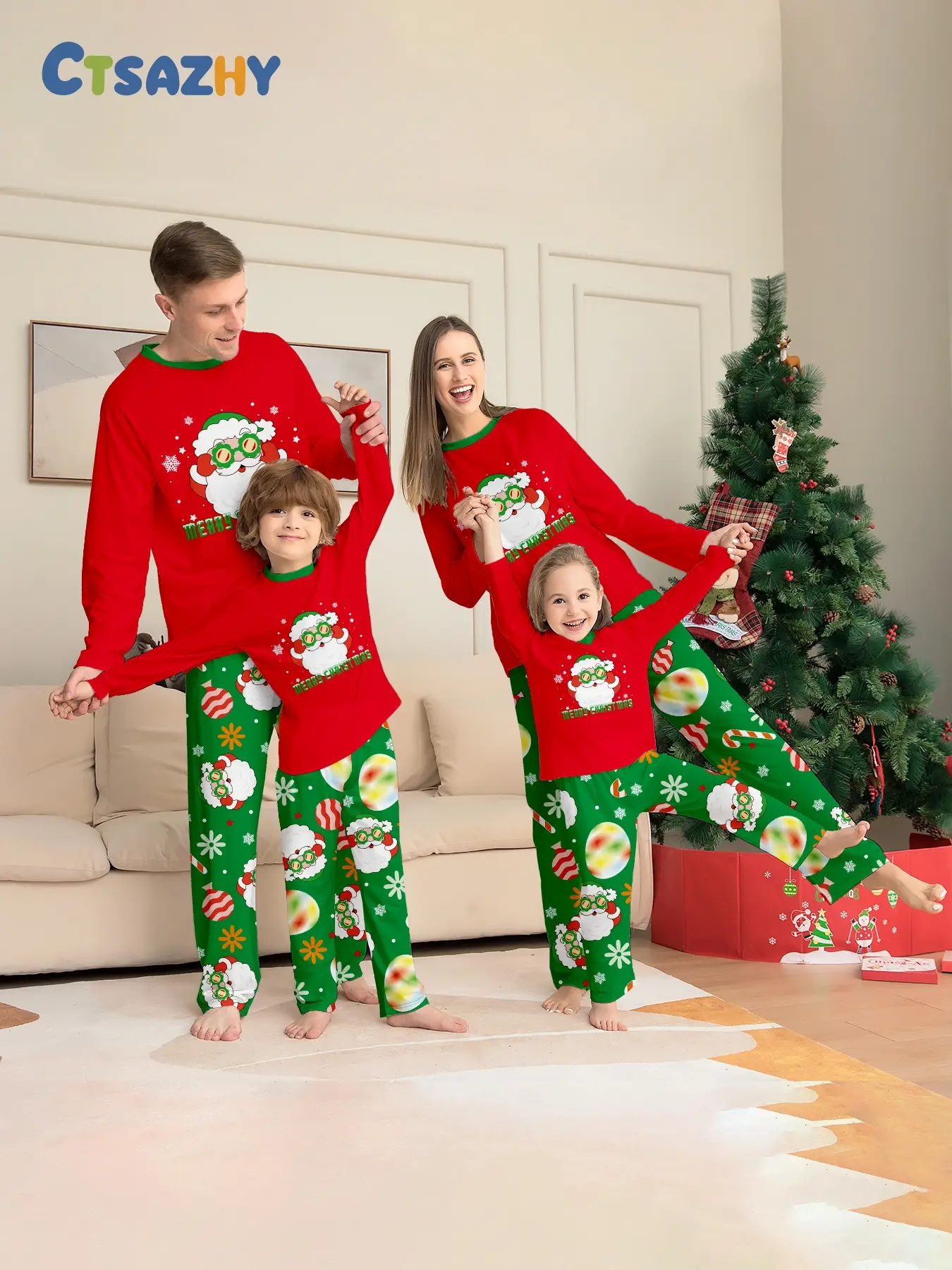 Christmas Family Matching Pajamas Set, Red Top With Fun Sunglasses Santa Claus Letter Print, Green Pants Full Print Santa, Snowflake And Candy Cane Pattern, Long Sleeve Soft Sleepwear, Xmas Family Photo Loungewear for Men Women Kids