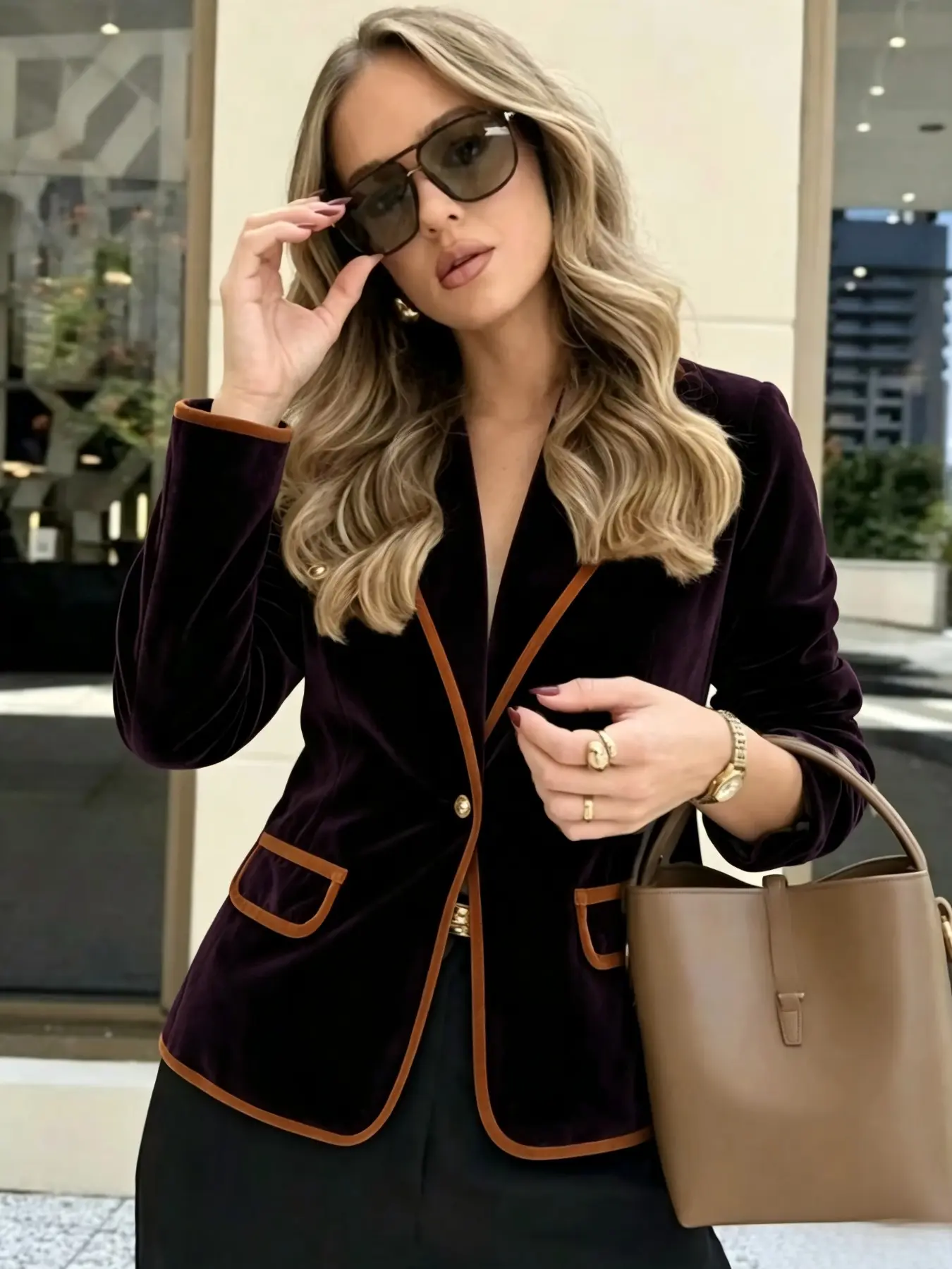 Vintage Deep Velvet Blazer, V Neck Single Row Metal Buttons, Slim Fit Lightweight Luxury Commuter Jacket, Gold Velvet Suit Outerwear