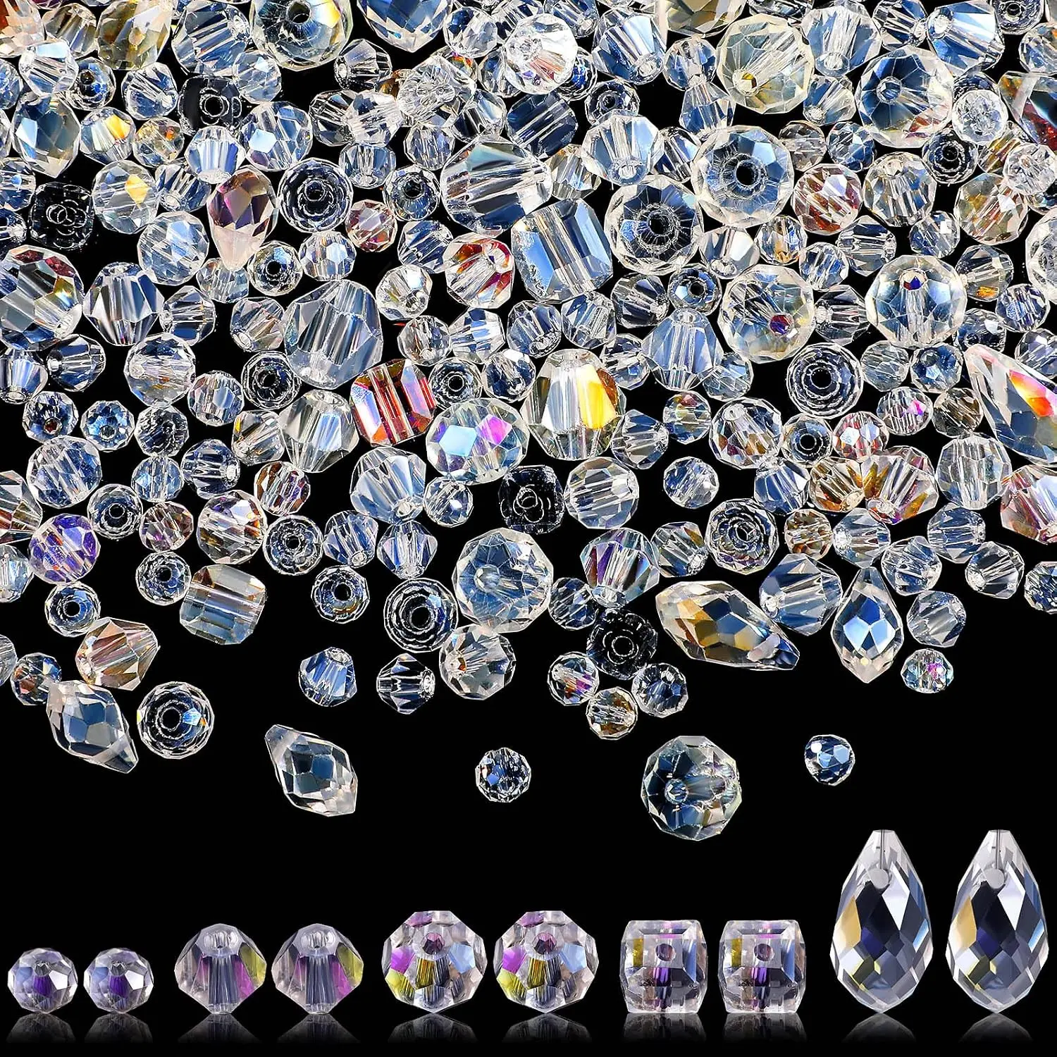 1280 count Glass Beads Bulk   Beads for  Making Faceted Teardrop Rondelle Briolette for DIY Crafts Necklace Wristband Earring Kit(Classic,AB Color)