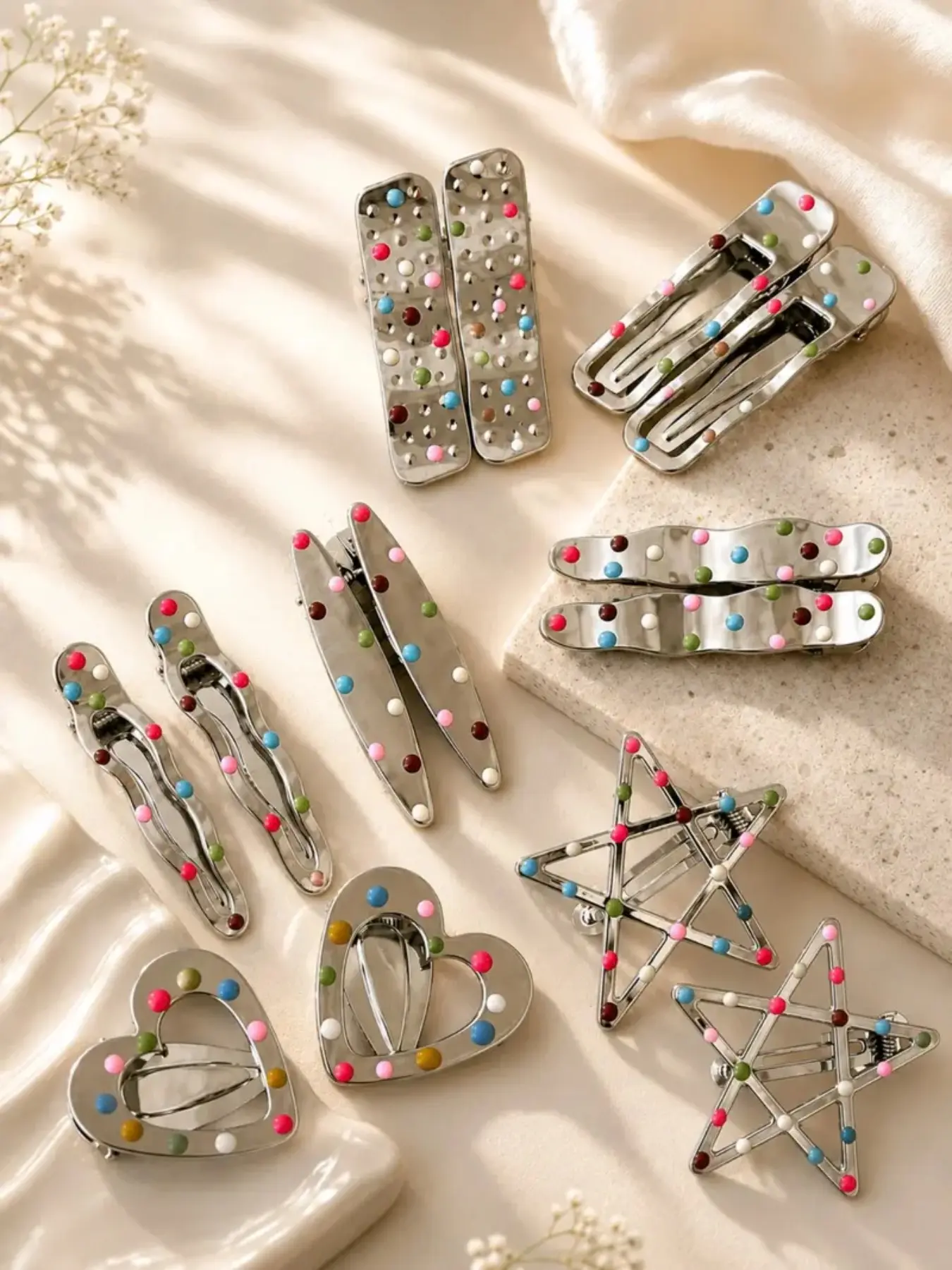 14PCS Dopamine Candy Dot Snap Hair Clips Metal Set, Mixed Heart Star Wavy BB Hair Barrettes, Cute Y2K Colorful Bead Hair Accessories for Women Teen Girls Daily Styling