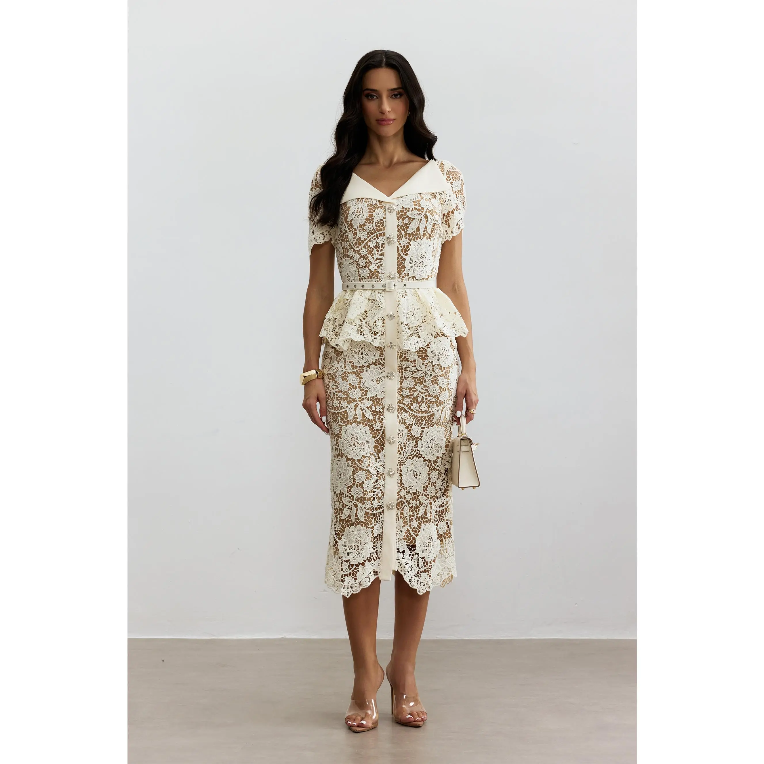 Sunfere Larina Floral Lace V-neck Midi Dress - Peplum Waist Belted Beige Elegant, Garden Wedding Bridal Shower