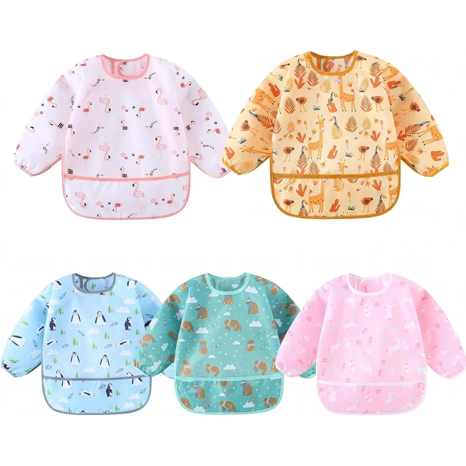5-Pack Baby Long Sleeve Waterproof Bibs Full Coverage Smock with Pocket for 3-30 Months(Gift)