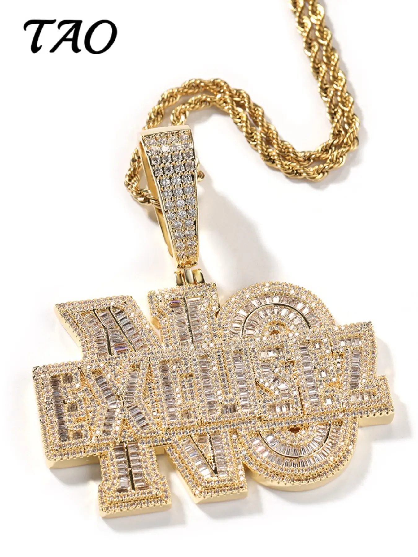 TAO-Luxurious Zircon Costume Jewelry Necklace, No Excuse Letter Pendant, 24-Inch Braided Chain, Hip Hop Style, All Seasons, Street Fashion, Unisex Jewelry