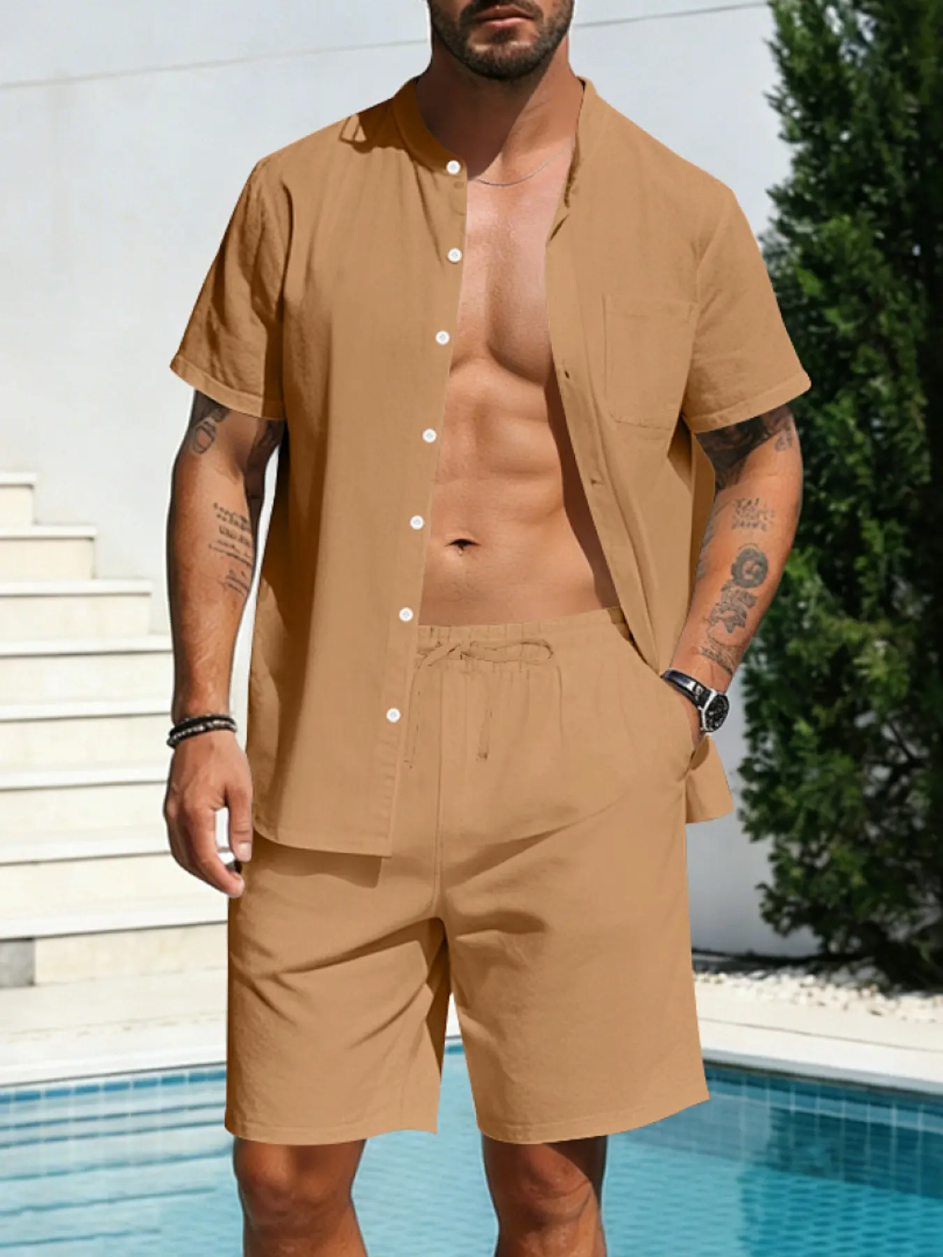 Men's Summer Linen Short Sleeve Shirt and Straight Leg Shorts Two Piece Set, Casual Tropical Hawaiian Beach Style, Festive Outfit, Perfect Gift for Holidays