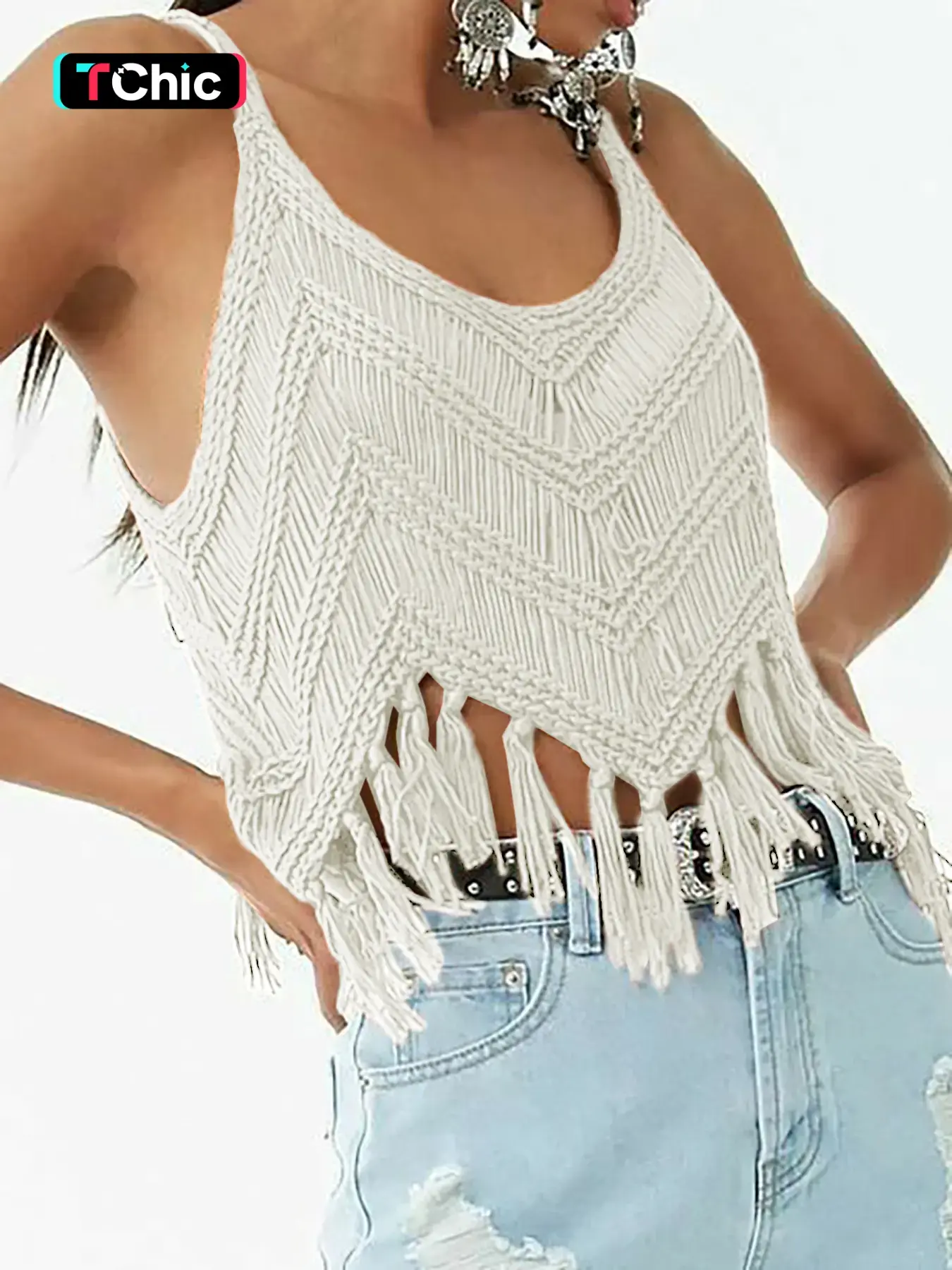 Women's Plain Fringe Trim Fitted Cami Top, Trendy Top, Casual Style Sleeveless Top for Summer, Fashion Womenswear Women's Knitwear for Daily Wear, Boho Bohemian Casual, Camisole Vest
