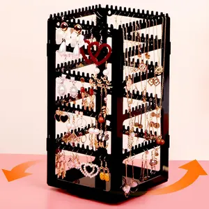360° Rotating 5 Layers Acrylic Jewelry Organizer Stand 212 Holes & 212 Grooves for Studs Dangly Earrings Chains Bracelets Necklaces