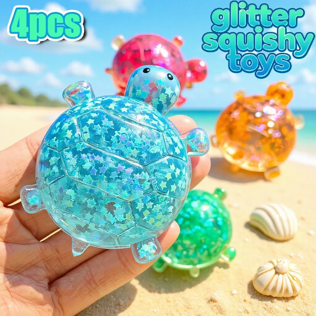 4pcs Glitter Turtle Shape Squeeze Toy, Squishy Sensory Play, Stress-Relieving Fingertip Sensory Toy, Anti-Stress Sensory Toy, Turtle Decompression Toy
