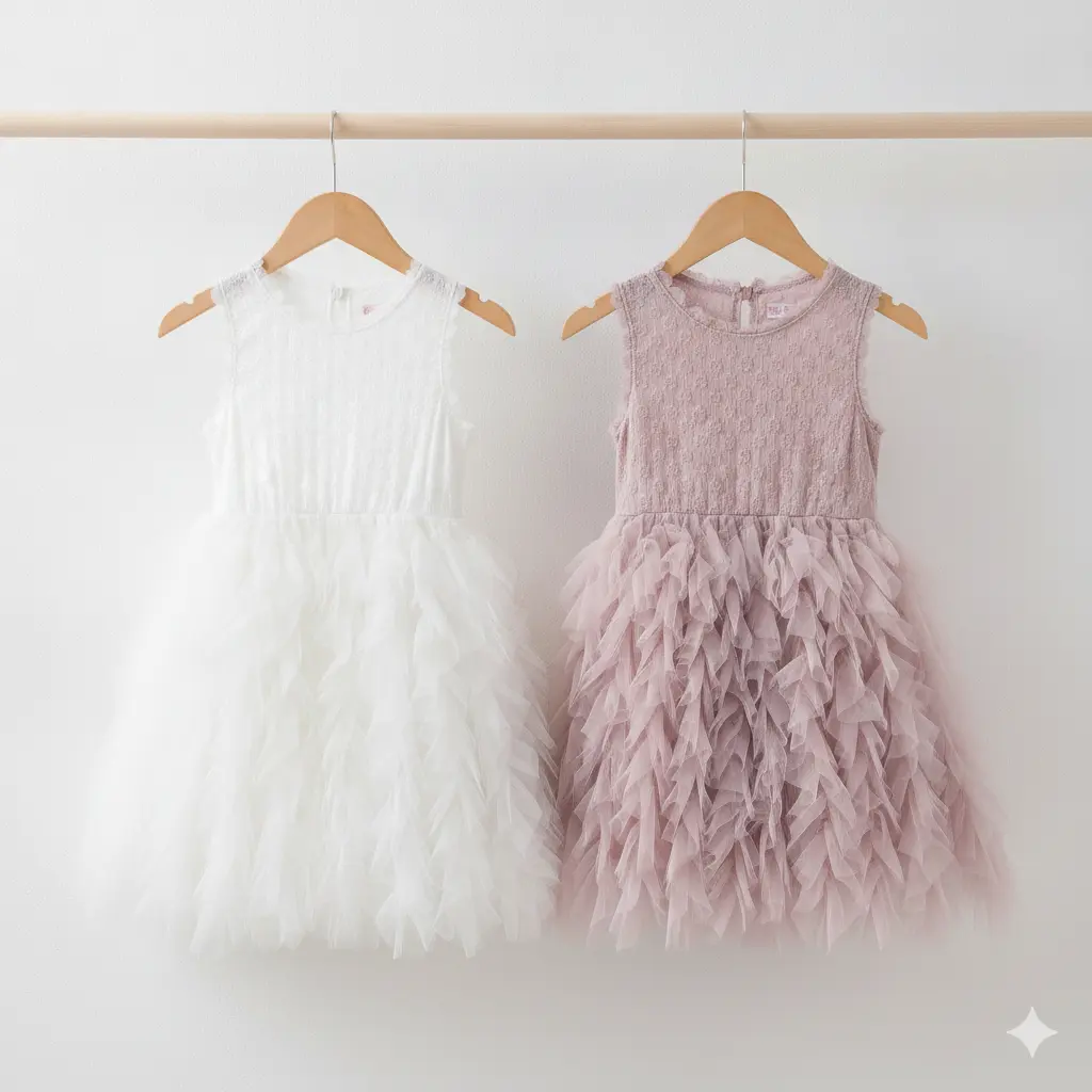 Little Girls Princess Dress, Sleeveless O-Neck Ruffle Mesh Pleated Sweet Dress, Patchwork Back Buttons Party Dress