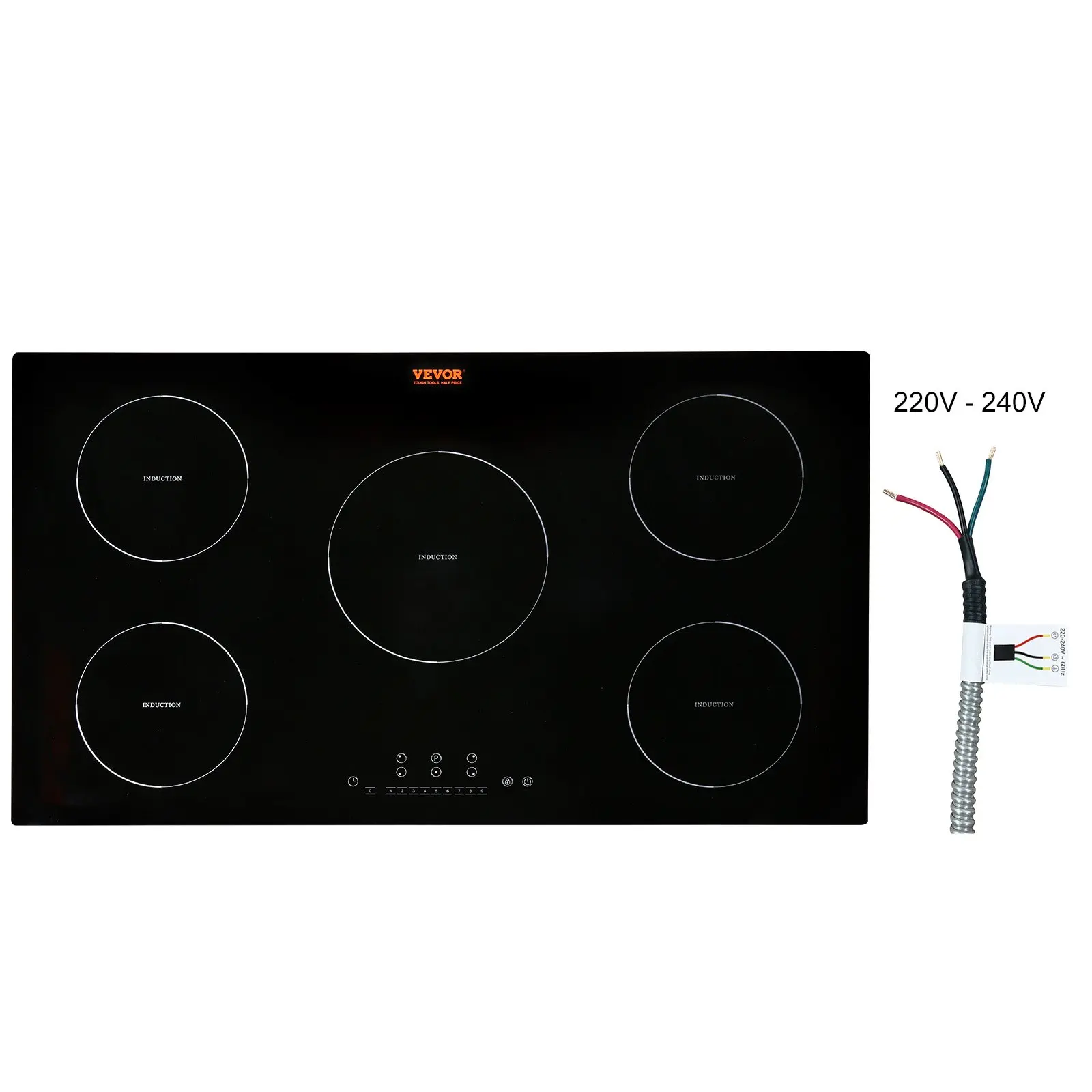 VEVOR Built-in Induction Cooktop, 36-in 5 Multi-Cook Zones, 9200W Power, 9 Heating Levels, LED Screen Touch Control, Child Lock Safe, Over-Temperature Protection, Built-In Type