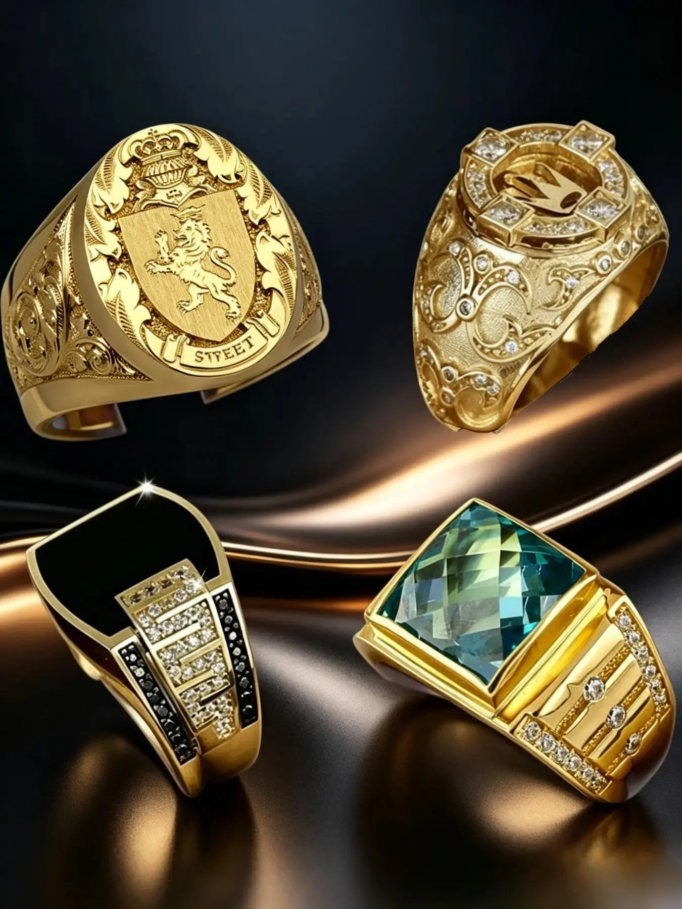 4Pcs Vintage Wide Signet Rings, Engagement Wedding Rings, For Men 18K Gold Plated Lion Crest Engraved, Hollow Paved CZ, Black Enamel Inlay, Square Aquamarine Cubic Zirconia Heavy Statement Band Hypoallergenic Anti Tarnish Cocktail Wedding Jewelry