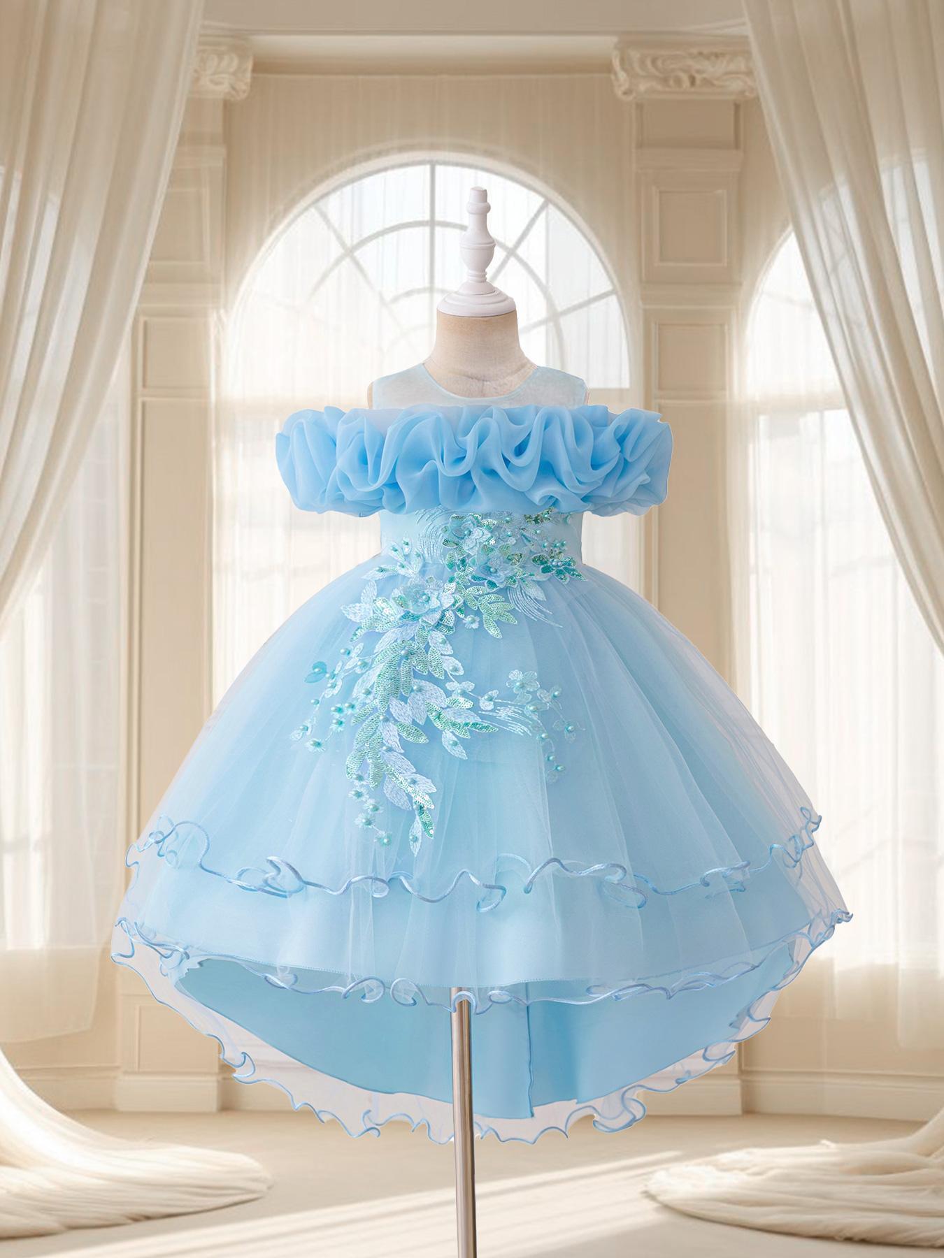Girls' Floral Embroidered Layered Tulle Formal Dress, Embroidery Dress, Elegant Party and Performance Dress for All Seasons