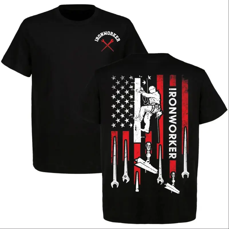 Graphic T-shirt American Flag Ironworker T-Shirt Patriotic USA Flag Construction Worker Climbing Tools Vintage Union Ironworkers Gift Tee Shirt For Dad USA