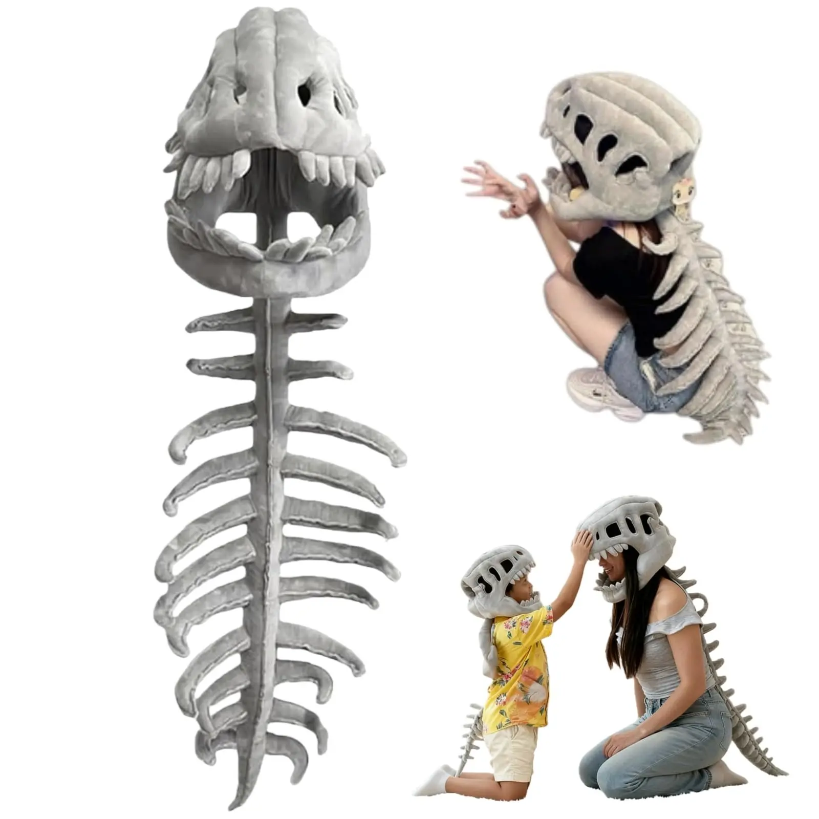 Dinosaur Skeleton Costume, 3D Spinosaurus Skull Mask, Realistic Mask with Plush Spine Tail for Halloween Cosplay and Party Dress Up