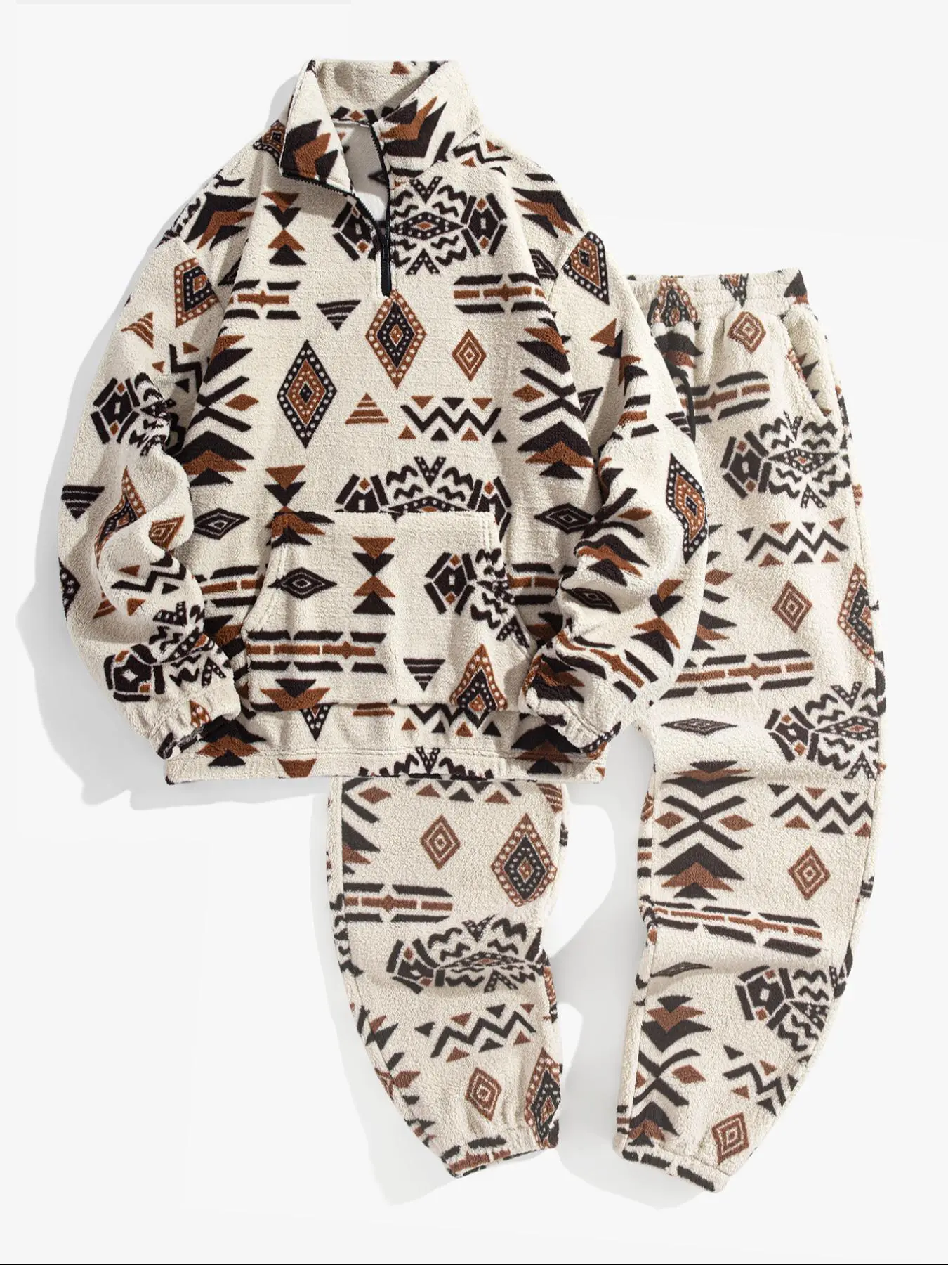 Men's Ethnic Pattern Zip Up Hooded Sweatshirt & Pants Two-piece Set, Casual Long Sleeve Collar Top & Pocket Trousers for Fall & Winter, Men's Two-piece Outfits for Daily Wear, Clothes, Casual Fashion Set