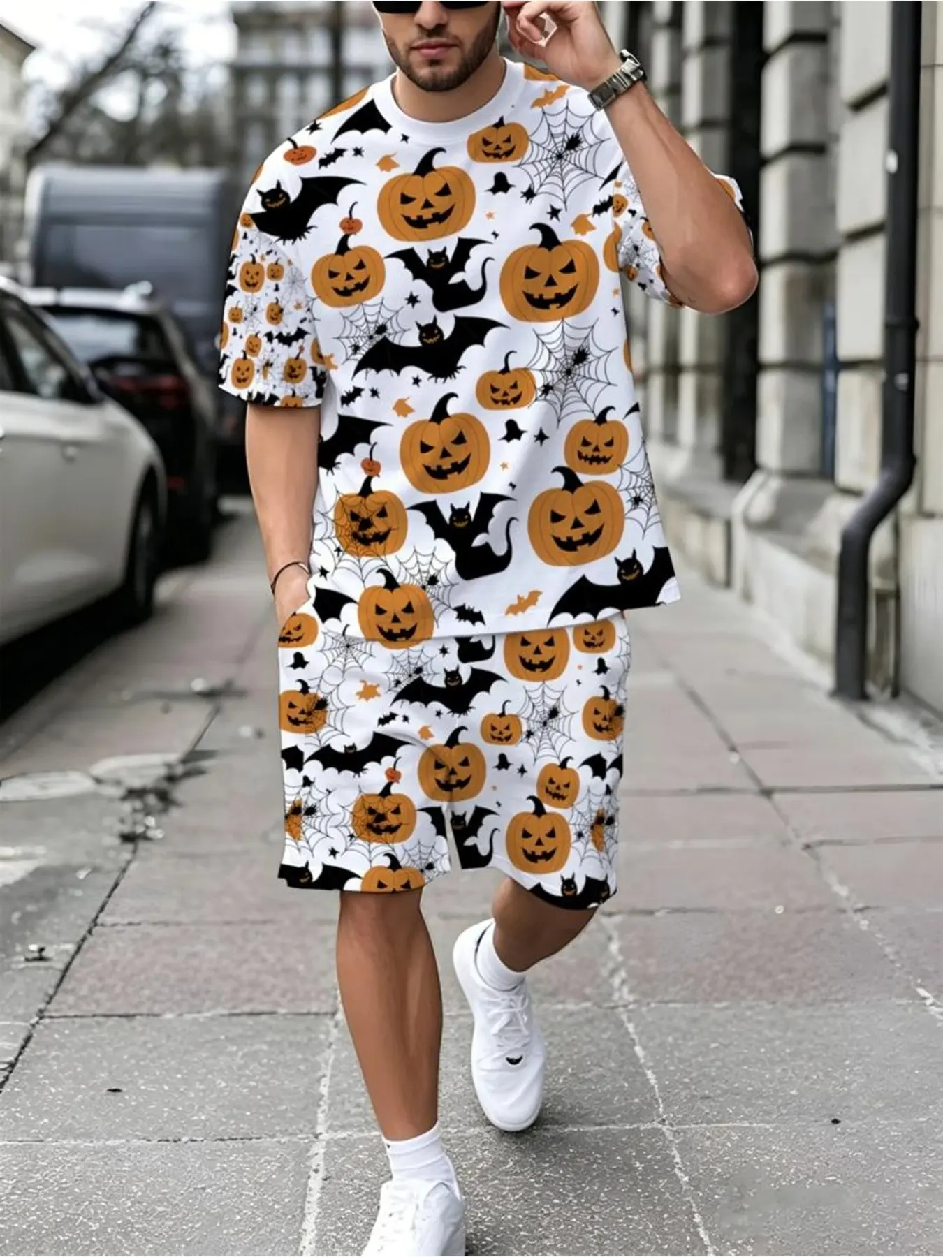 Men's Halloween Costume Set, Base Cartoon Jack Pumpkin Bat Spider Web Print, 3D Digital Print, Short Sleeve T-Shirt & Shorts, Casual Fit