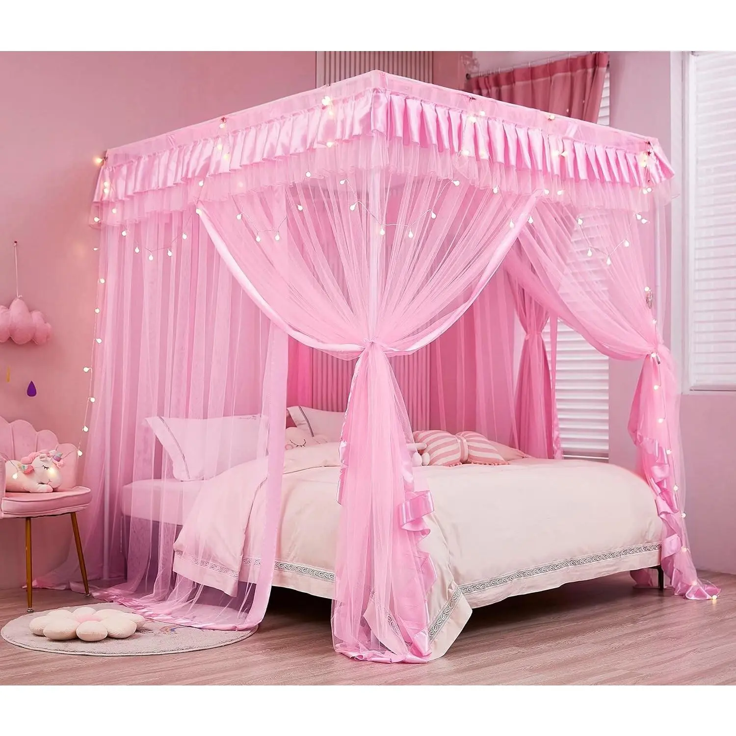 4 Corners Post Canopy Bed Curtains for Girls Full Size - Royal Luxurious Cozy Drape Canopy Bed Frames Netting for Kids Adults- Cute Princess Bedroom Decoration (Pink)