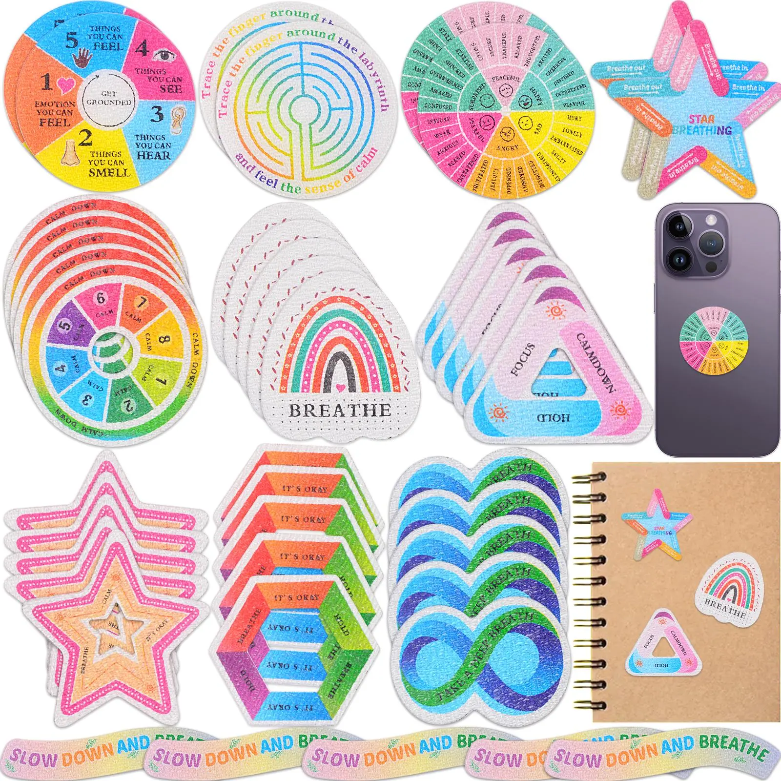 40pcs Breath Calm Anxiety Sensory Stickers Reusable Rough Textured Tactile Calming Fidget Mindfulness Adhesive Sticker Strips for Adults Teens Office School Tension Supplies Gifts