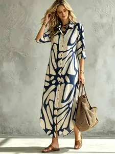 A women's fashionable blue beige geometric printed mid sleeved shirt dress with a loose straight fit that doesn't affect the figure, Casual Wear suitable for commuting to work, shopping and outdoor activities, indoor and outdoor dressing