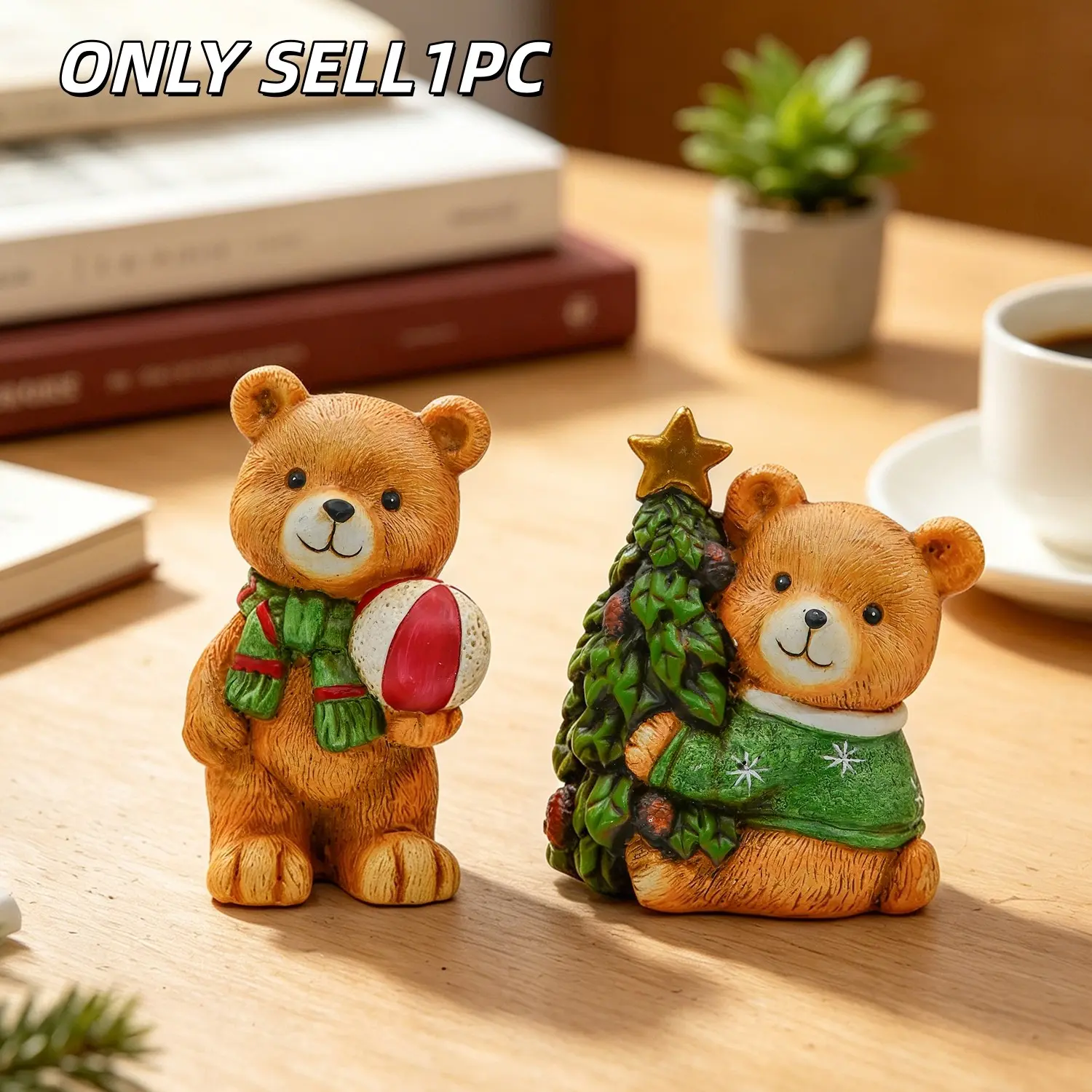 1PC Christmas Teddy Bear Resin Figurine, Bear Statue with Christmas Tree and Ball, Winter Tabletop Home Decor Ornament