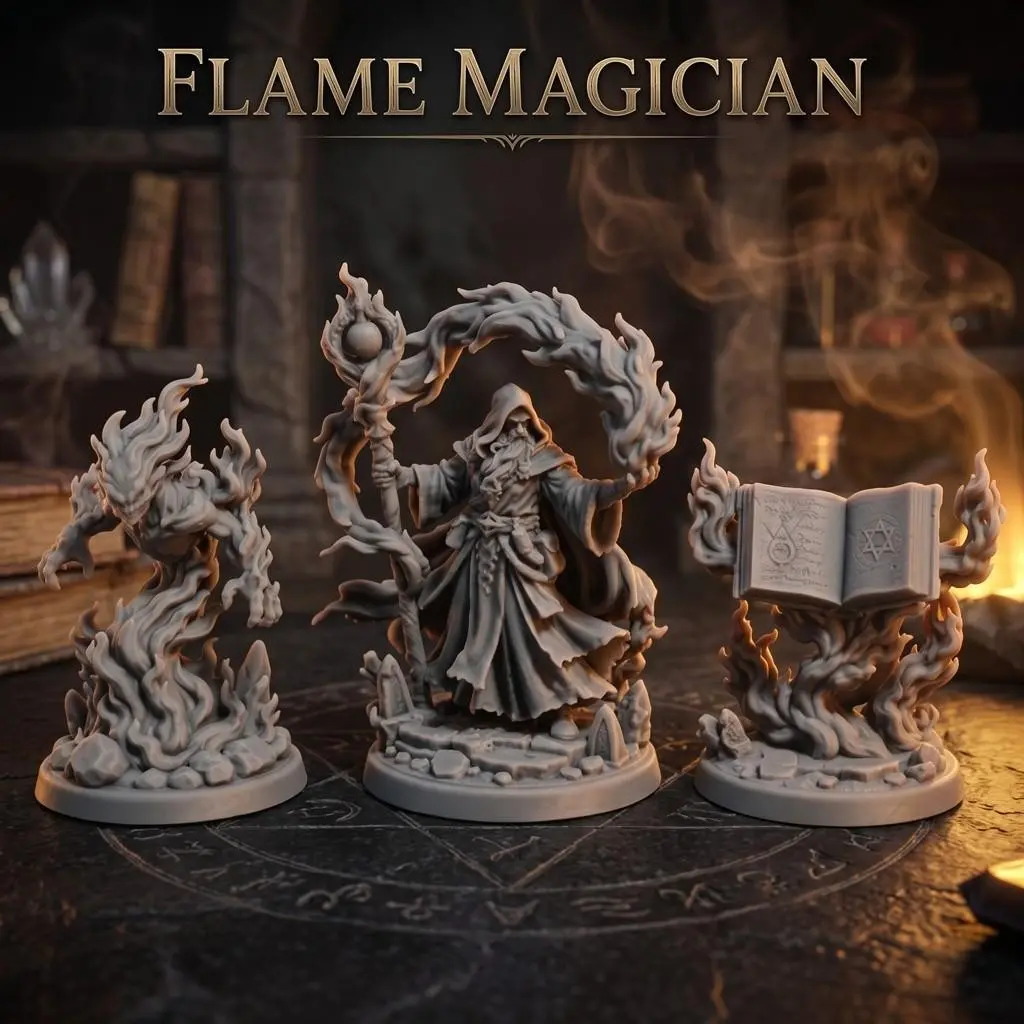 3 Piece Flame Wizard Miniature Model Set, Includes Flame Wizard, Magic Book, Fire Sprite, Ideal for Rpg Tabletop Games, Easy to Paint, 3D Printed
