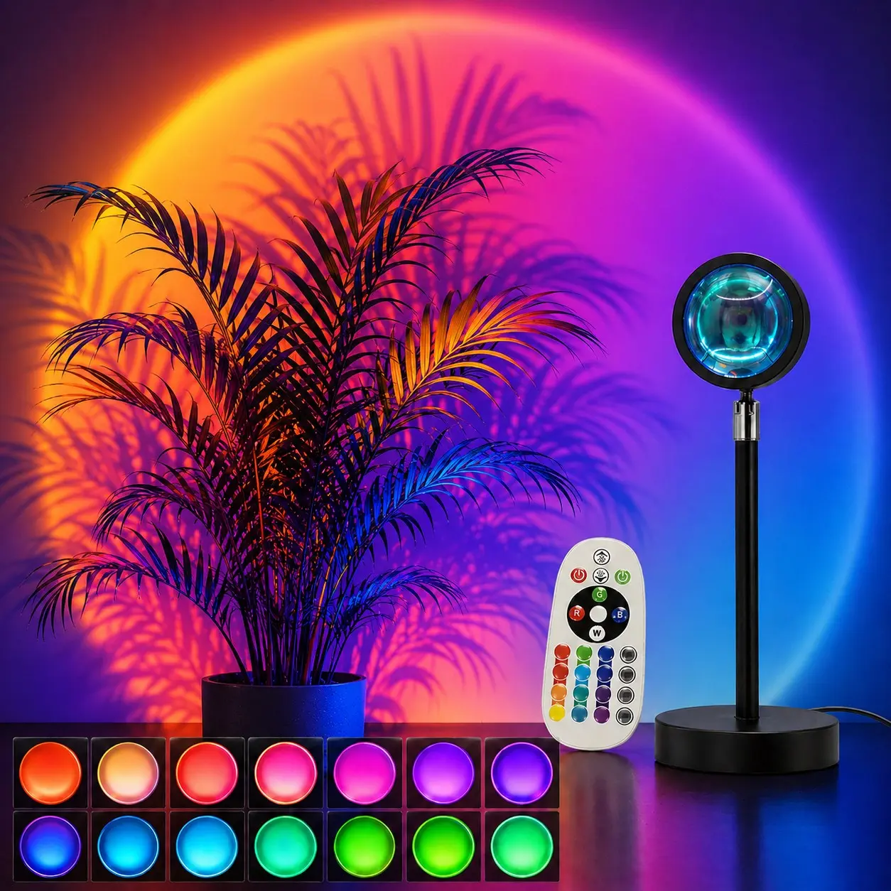 RGB Sunset Light Projector, USB Powered Sunset Lamp with 16 Colors and Remote Control, Decorative Mood Light for Bedroom, Living Room, Party, Photo Studio and Home Decor, LED Mood Lighting