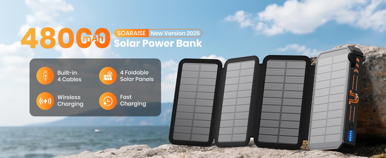 Solar Charger Power Bank - 48000mAh Wireless Portable Charger Built-in 4 Cables and 4 Solar Panels, PD QC 3.0 Fast USB C Battery Pack with Flashlight for Camping Travel