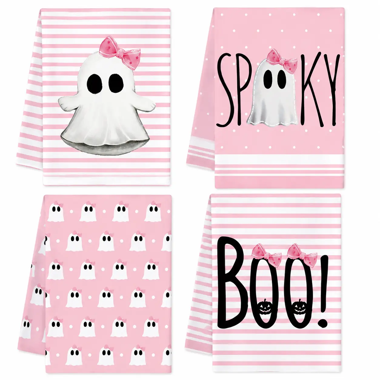 Premium Absorbent Cotton Blend Kitchen Dish Towel - Playful Pink Ghost Print, Halloween Themed, Drying & Cleaning, Reusable, Machine Washable, Decorative Home Care Cleaning Cloth, Soft Cotton Blend