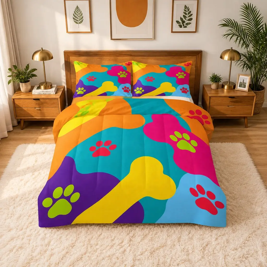 3pcs Colorful Dog Paw Bone Print Quilt Set, Fun Cartoon Pet Element Patchwork Quilt Pillowcase Set, Kids Room Unique Bedroom Bedding