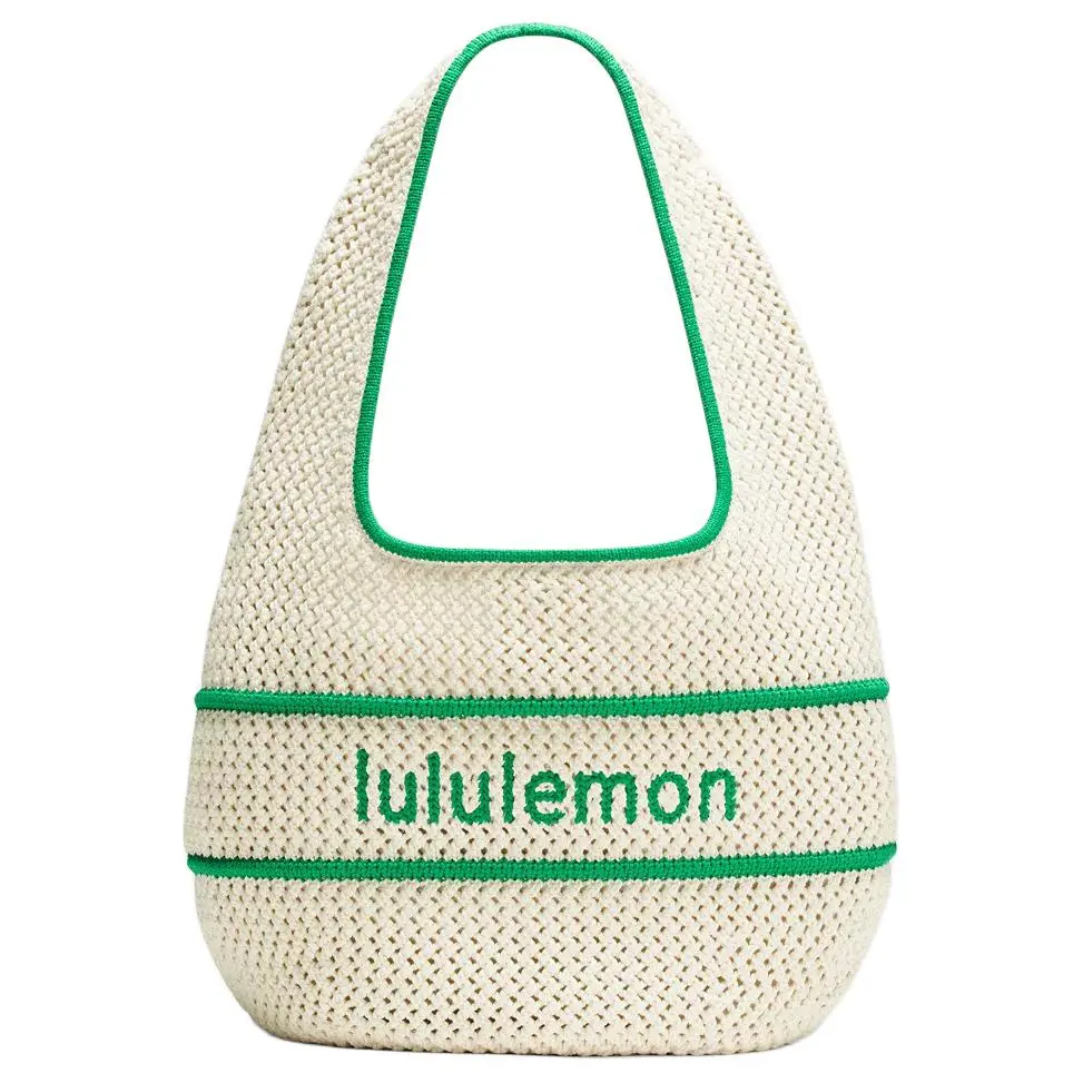 Lululemon Cotton Crochet 7L Tote Bag for Women – Minimalist Logo Embroidery, Light Beige and Track Green