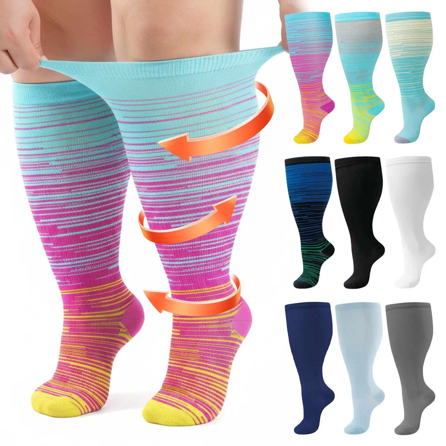 Wide Calf Compression Socks 15-20mmHg for Edema & Swelling Relief! Plus Size Knee High Support for Nurses and Travel. active anti-slip daily comfort