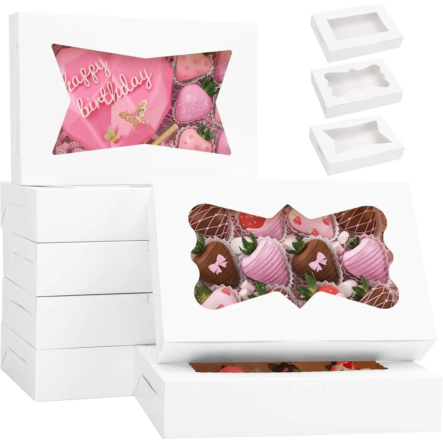 7 count Cookie Boxes, 12x8x2.5 Inches White Bakery Boxes with 3 Style Window for  Strawberries, Breakable Heart, Pastries, Desserts, Cake Pops & ,   for Mom