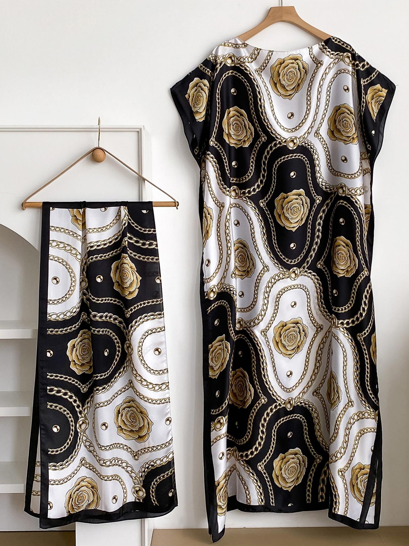 Elegant Floral Print Robe Set with Shawl Collar Dress, Long Scarf Headband for Women, Beach Sun Protection Satin Silk Fabric