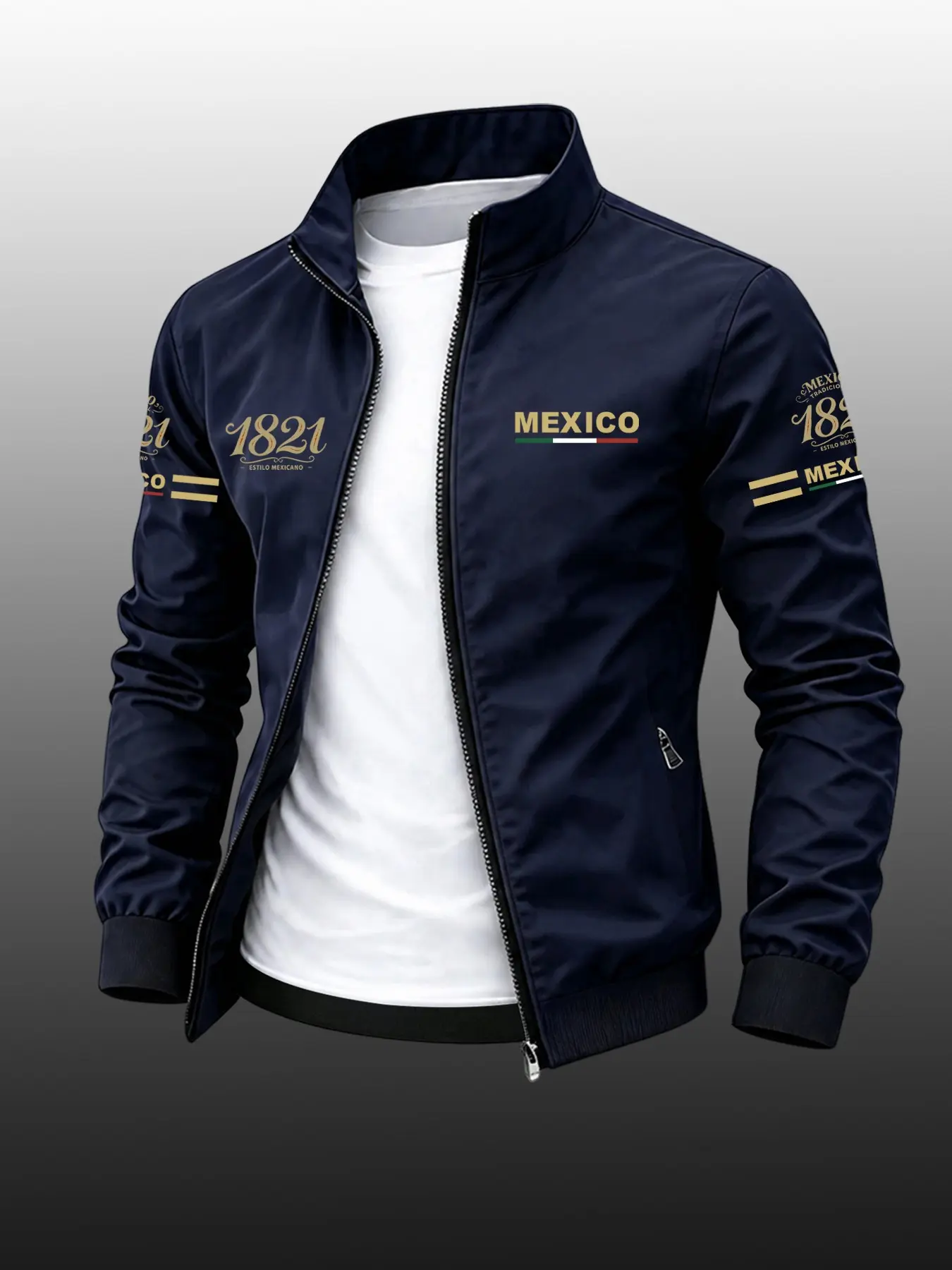 Men's Mexico 1821 Theme Stand Collar Baseball Jacket, American Vintage Ethnic Business Style, Windproof Knit Outerwear, Zipper Top