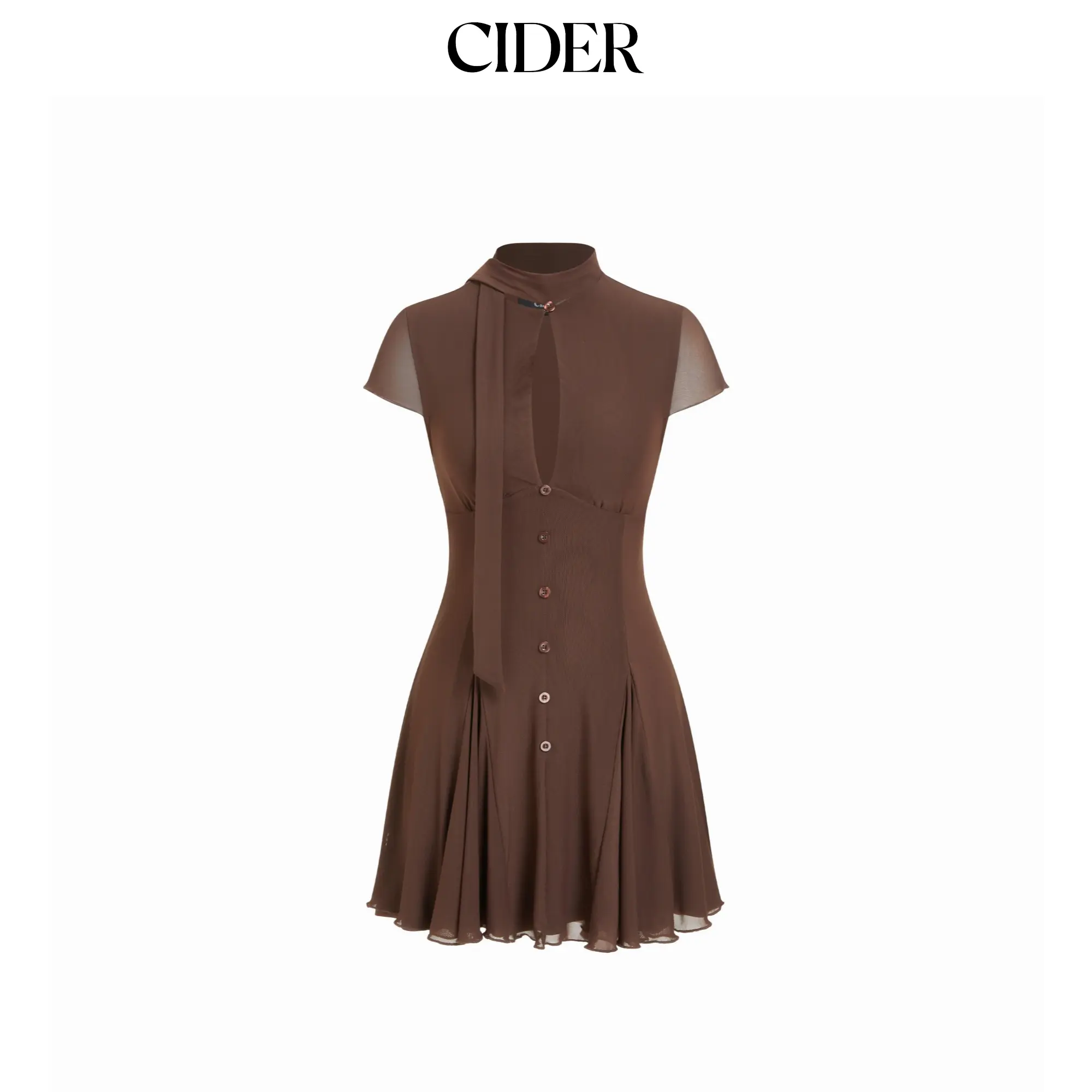 Cider Mesh High Neck Short Sleeve Draped A-line Mini Dress With Scarf SohoChic