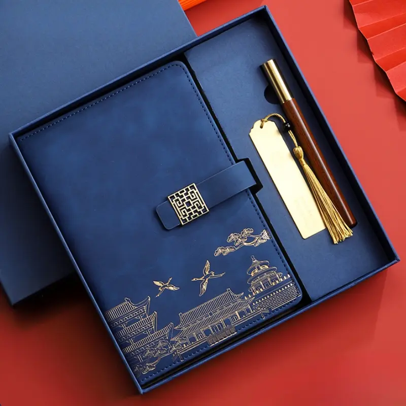 3-Piece Chinese Style Notebook Gift Set - Vintage PU Leather Journal with Gold Foil Design, Sandalwood Pen & Metal Tassel Bookmark, Elegant Business & Office Gift