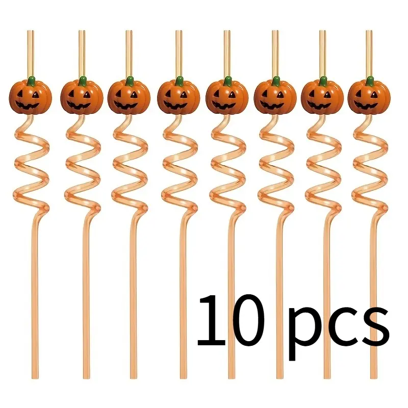 Set of 10 playful pumpkin face spiral Drinking Straws, versatile for Halloween and birthday parties, easily builds lively spooky vibe when paired with themed beverages