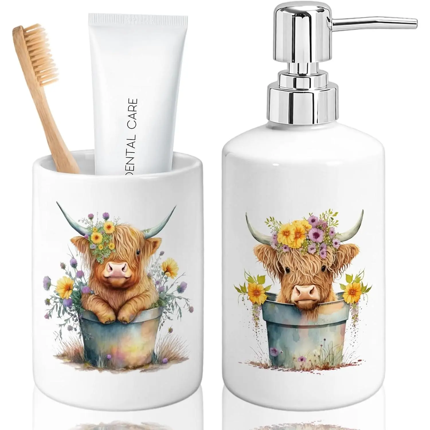 FYSUIMU 2-Piece Highland Cow Watercolor Art Bathroom Set - Decorative Ceramic Toothbrush Holder, Plastic Soap Dispenser with Artwork for Modern Countertop Decor, Ideal Gift, Two Pieces