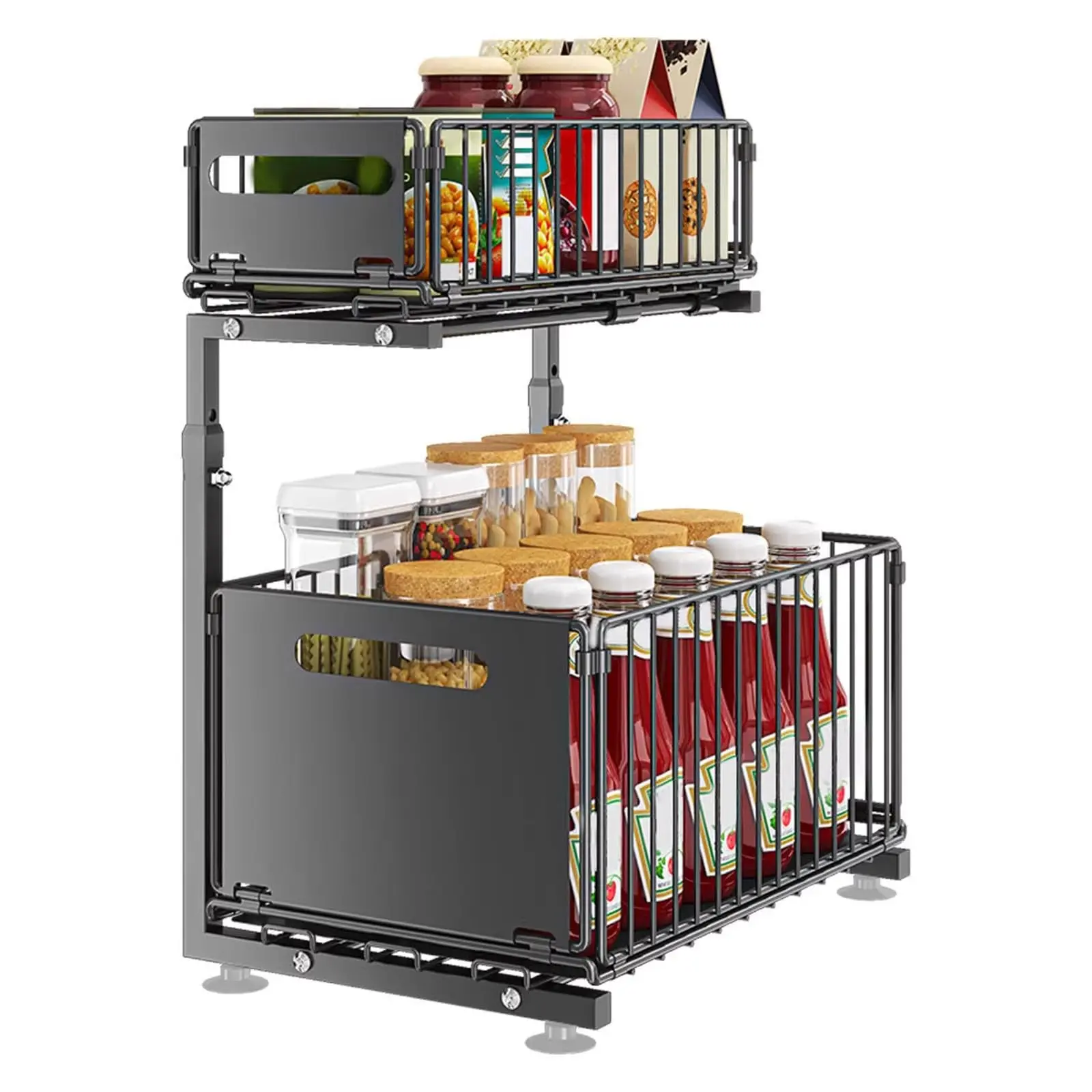 2-Tier Adjustable Under basin Storage Rack with Sliding Mesh Drawers - Metal Pull-Out Organizer Shelf - Anti-Rust, Non-Slip - Fits Kitchen Cupboard or Bathroom - 38x26.5x41-48.5cm - Black