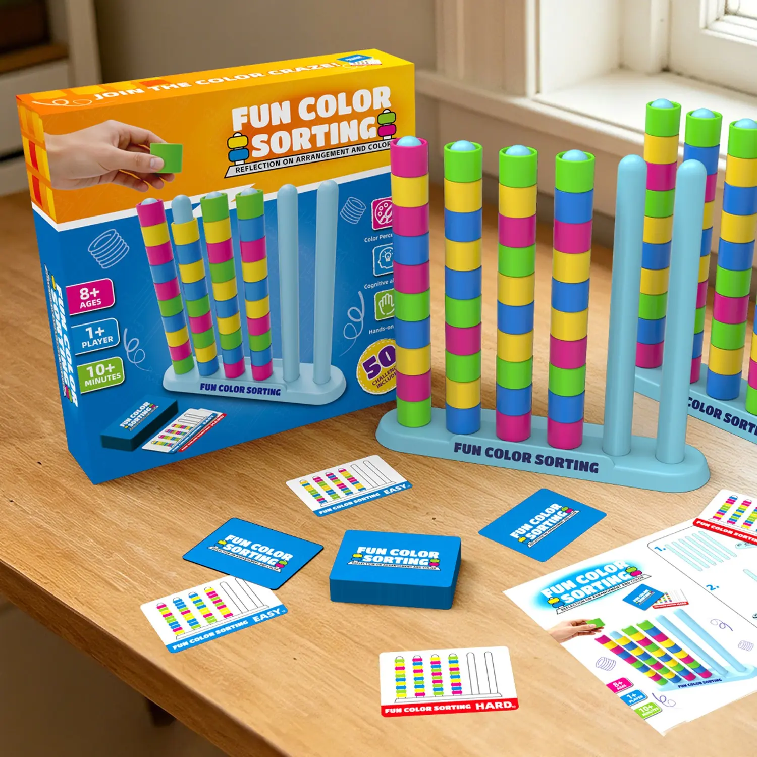 Brain-Teasing Color Sorting Game, Interactive Puzzle Toy, Dual Stack Base, 50 Challenge Cards, Perfect for Parties and Gifts