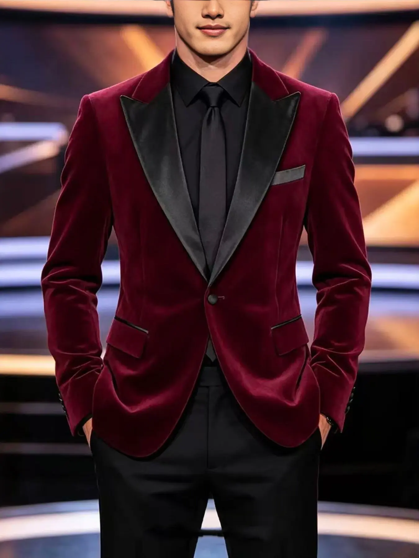 Men's Velvet Suit Jacket, Single Button, Notched Lapel, Slim Fit, Evening Gown, Wedding Party Formal Wear, Wine